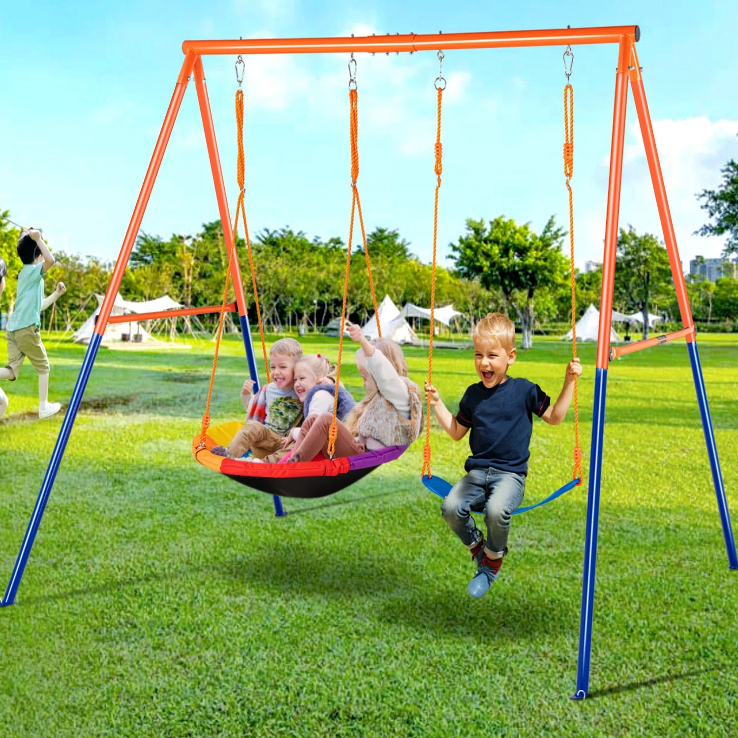 Swing Set for Kids, Heavy Duty Frame Metal Swing Stand with 1 Saucer & 1 Belt Swing Seat for Outdoor - Image 7