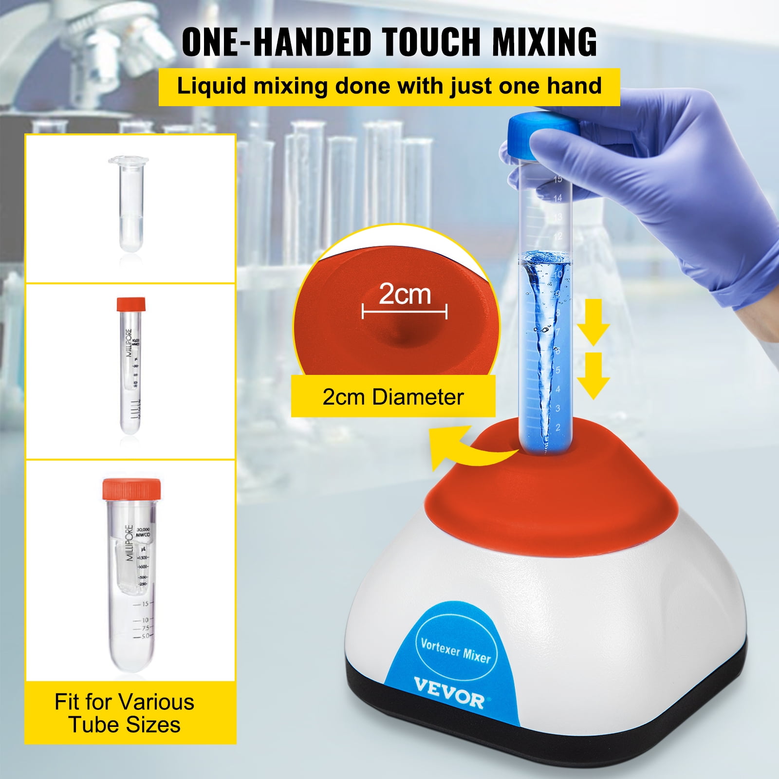 VEVOR Vortex Mixer, 6000rpm Mini Vortex Mixer Shaker, Touch Function Scientific Lab Vortex Shaker, Mix Up to 50mL, 6mm Orbital Diameter for Test Tube, Tattoo Ink, Nail Polish, Eyelash Adhesives, Paint - Image 3