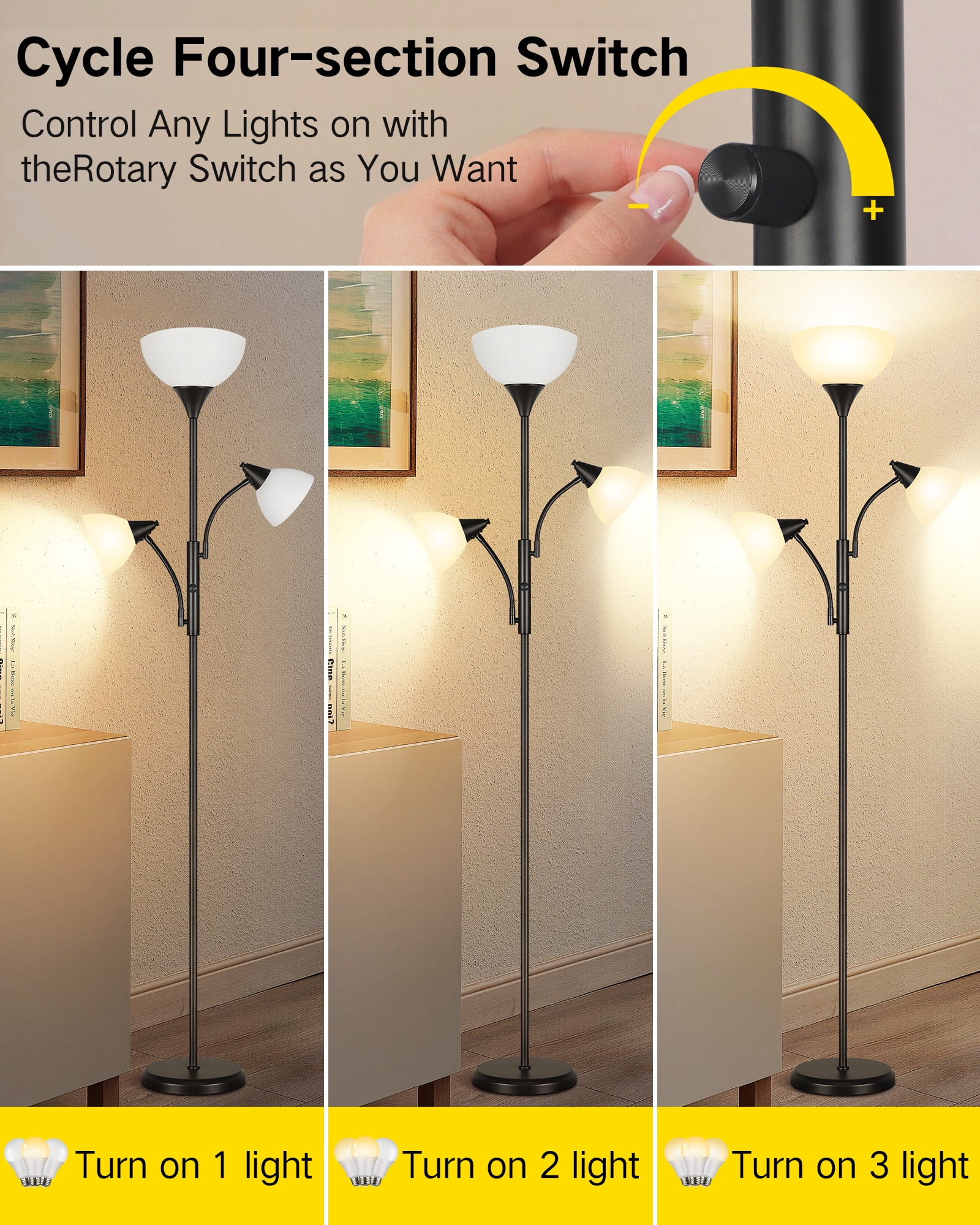 OUTON Torchiere Floor Lamp with Reading Light for Living Room, LED Standing Lampwith Remote Control for Bedroom, Modern Tall Reading Light, Black - Image 2