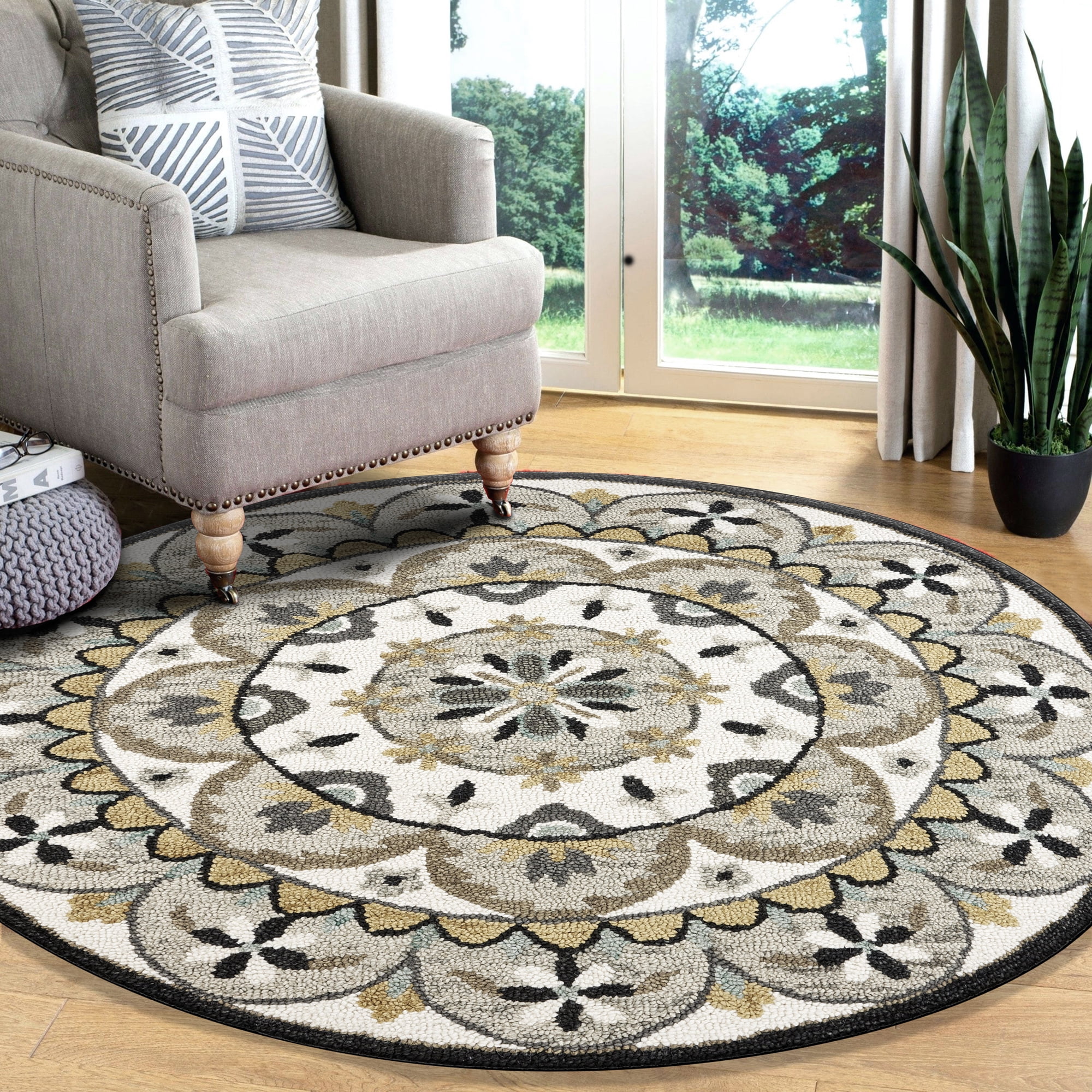 Ox Bay Elle 4' Round Gray/Ivory Floral Medallion Indoor Area Rug - Image 8