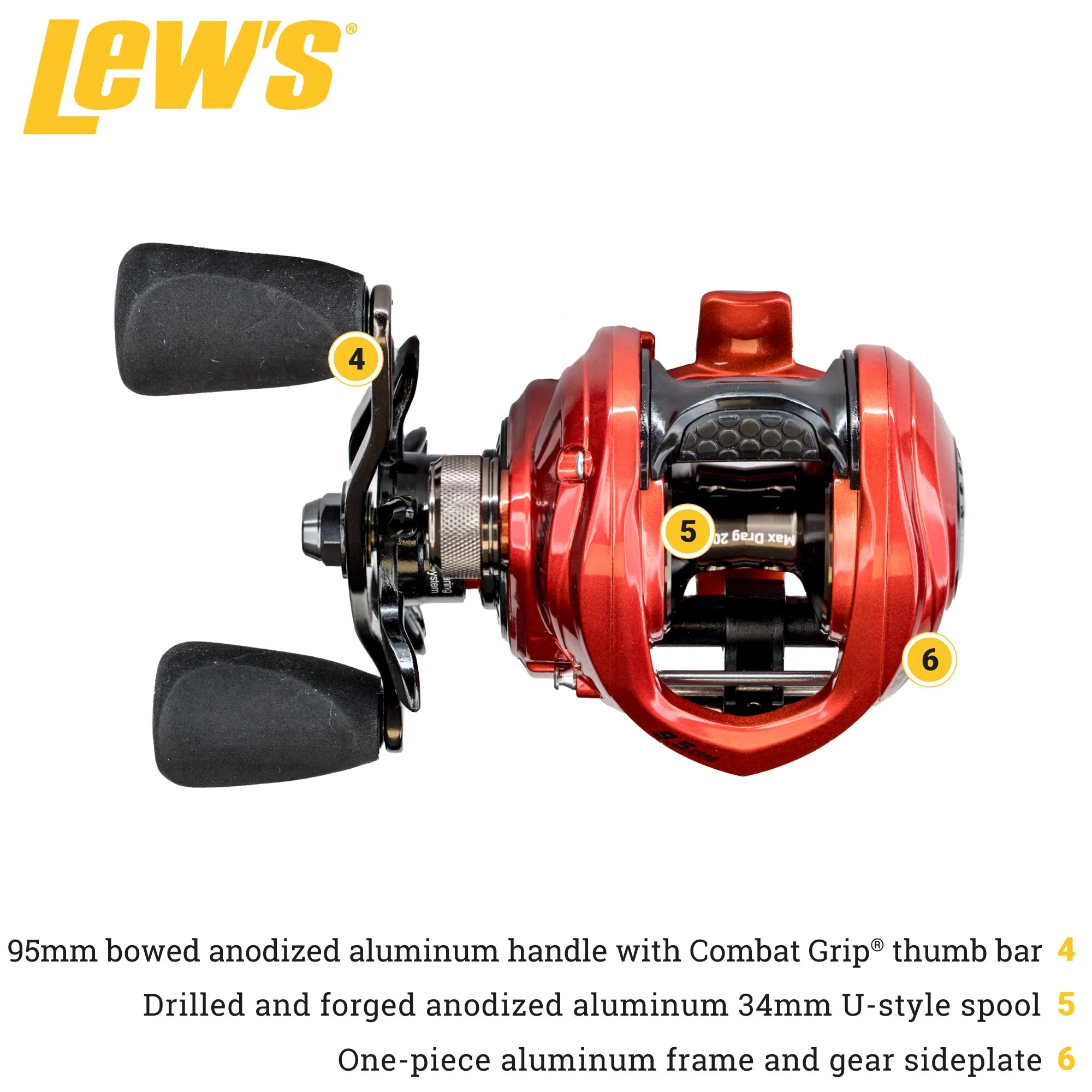 Lew's HyperSpeed Series Casting Reel, 9.5:1 Gear Ratio, Right-Hand Retrieve, Red - Image 4