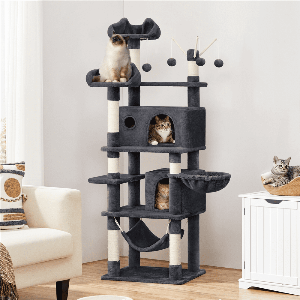 Alden Design 67" H Multi-Level Cat Tree Tower with 2 Cat Condos & Hammock Basket, Dark Gray - Image 3