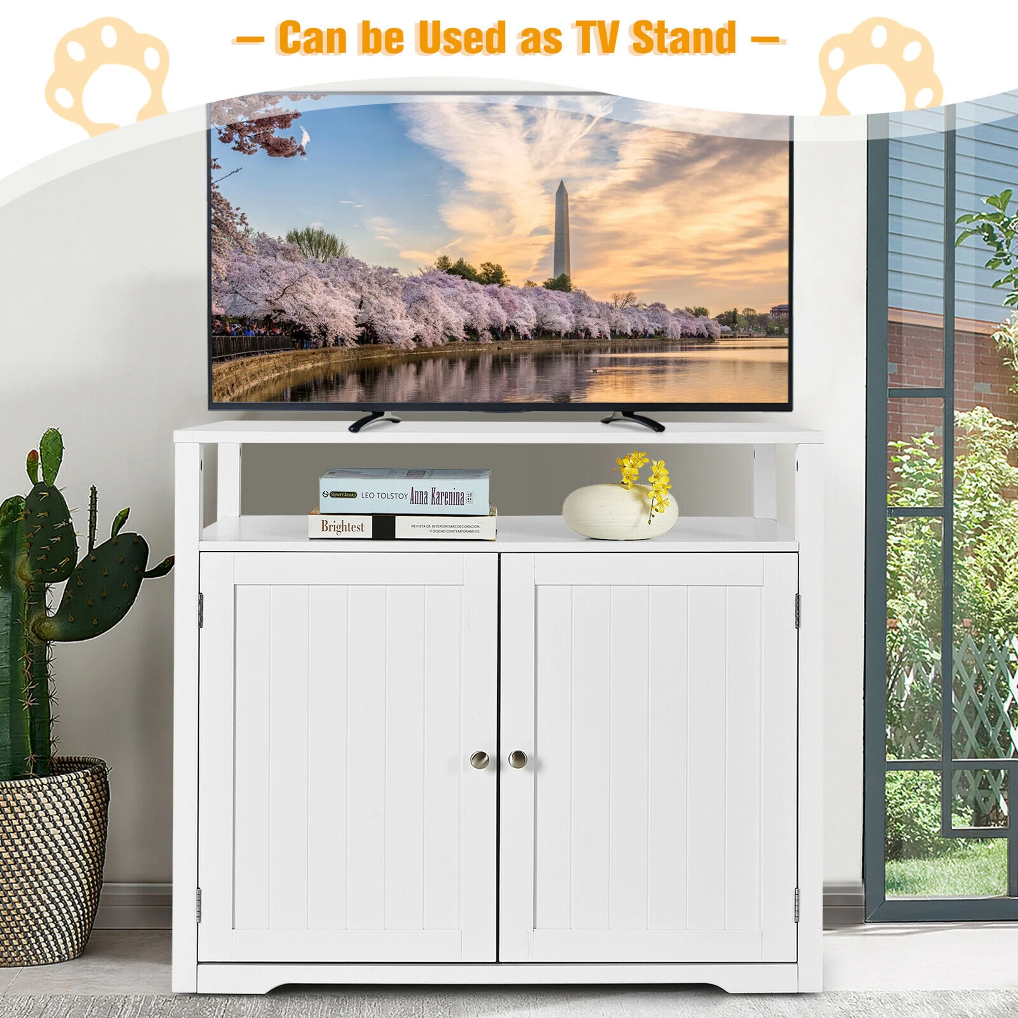 Gymax Wooden Cat Litter Box Enclosure with Storage Layer, White - Image 9