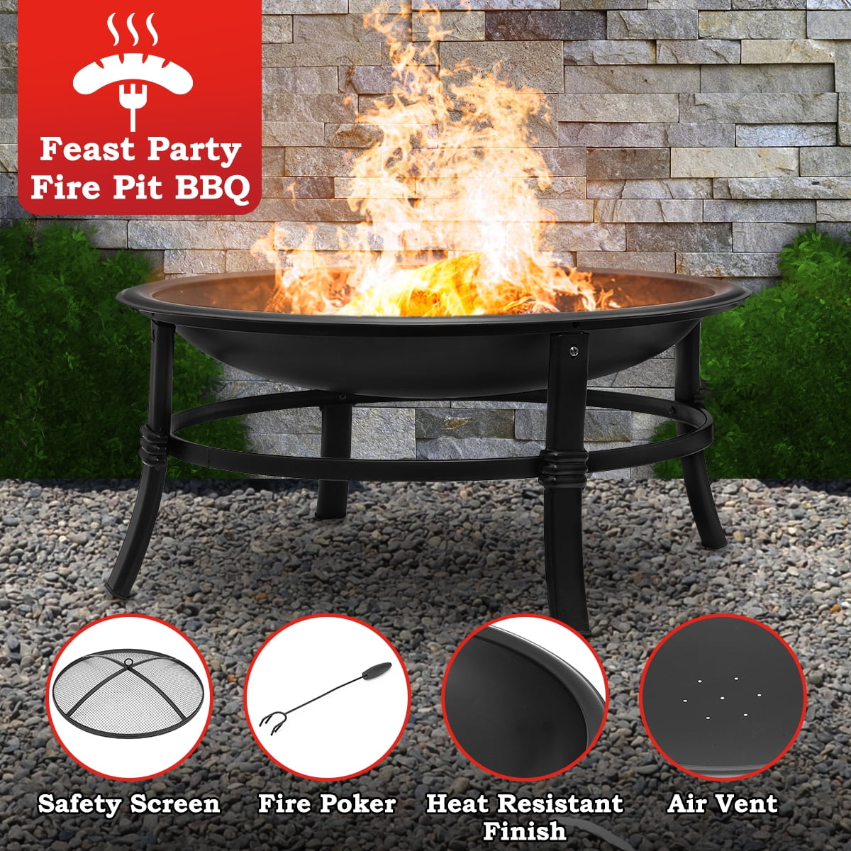 Singlyfire 26 inch Fire Pit for Outside Portable Fire Pit Wood Burning Small Fire Bowl for Camping Picnic Bonfire Patio Outside Backyard Garden Firepit with Log Grate, Poker - Image 3