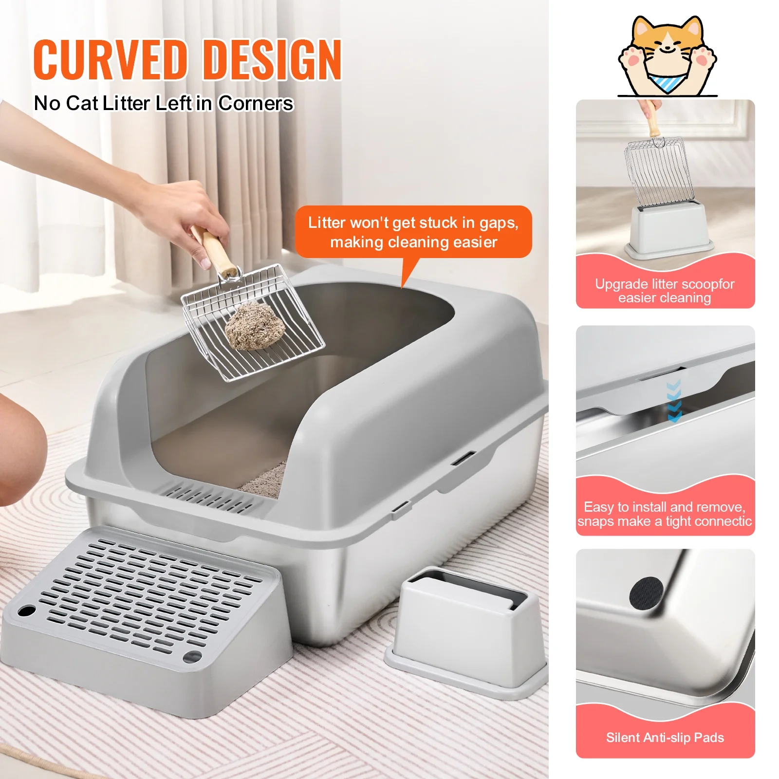 KFFKFF Feline Litter Container, Depth of 6 inches, Oversized Stainless Steel Feline Litter Container with Shovel, Broad Sieve-like Base & Tall Edges, Sealed Smell-Resistant Simple-to-Sanitize - Image 3