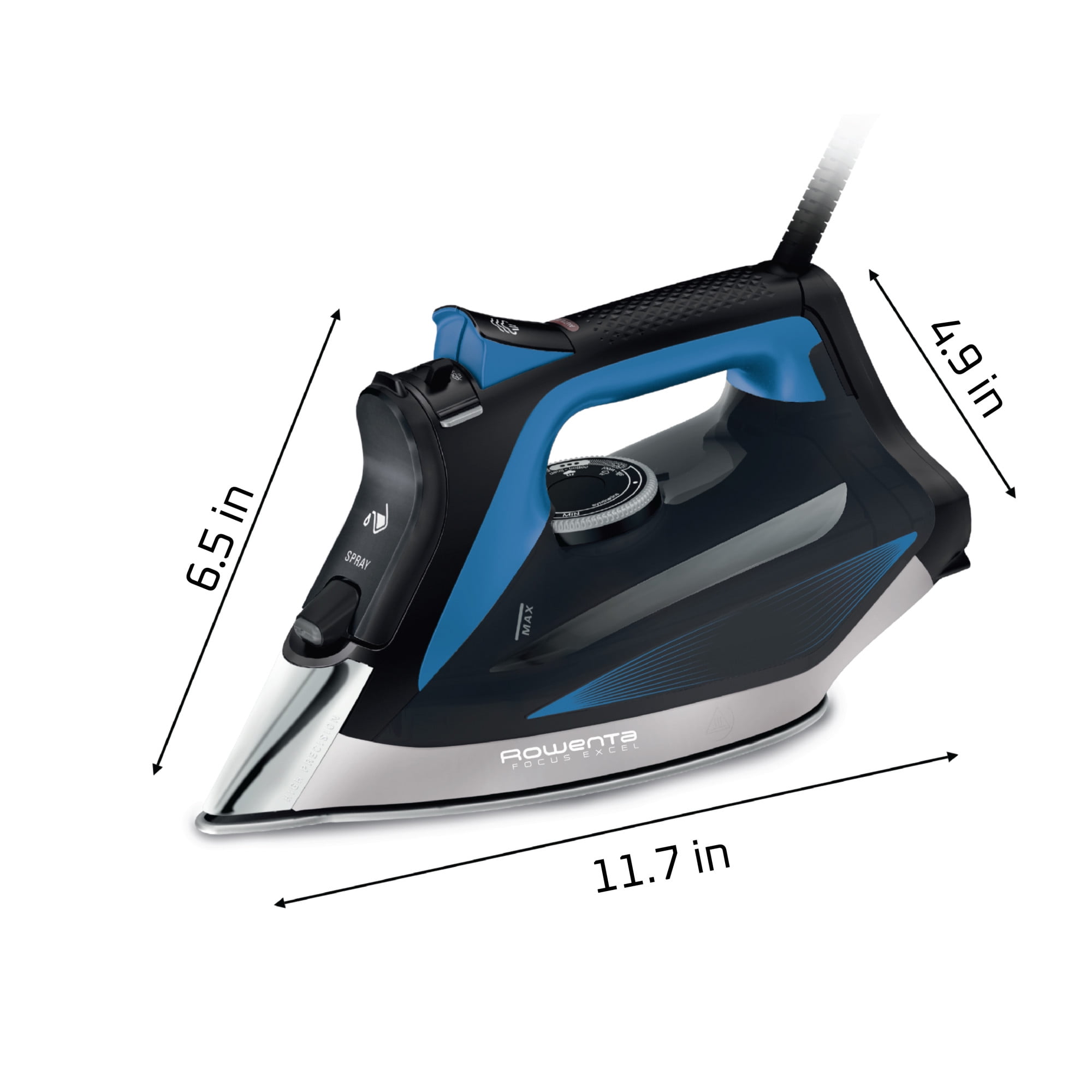 Rowenta Focus Excel Steam Iron for Clothes, Stainless Steel Soleplate, 1750 Watts, Black & Blue, DW5280 - Image 3