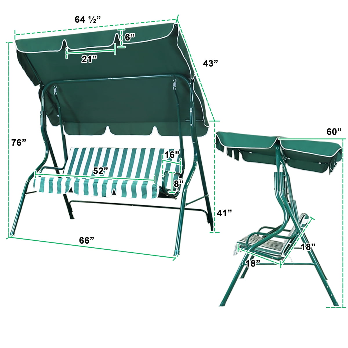 Vebreda 3-Seat Patio Outdoor Porch Swing Glider Chair with Canopy, Green - Image 9