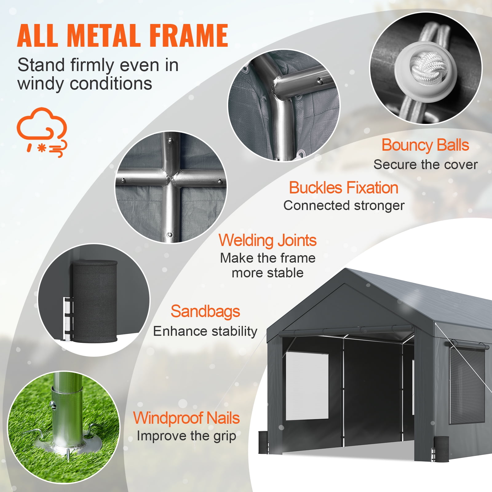 KFFKFF Carport Canopy Car Canopy 10 x 20 Feet & 8 Legs Side Walls & Windows Dark Gray - Image 5