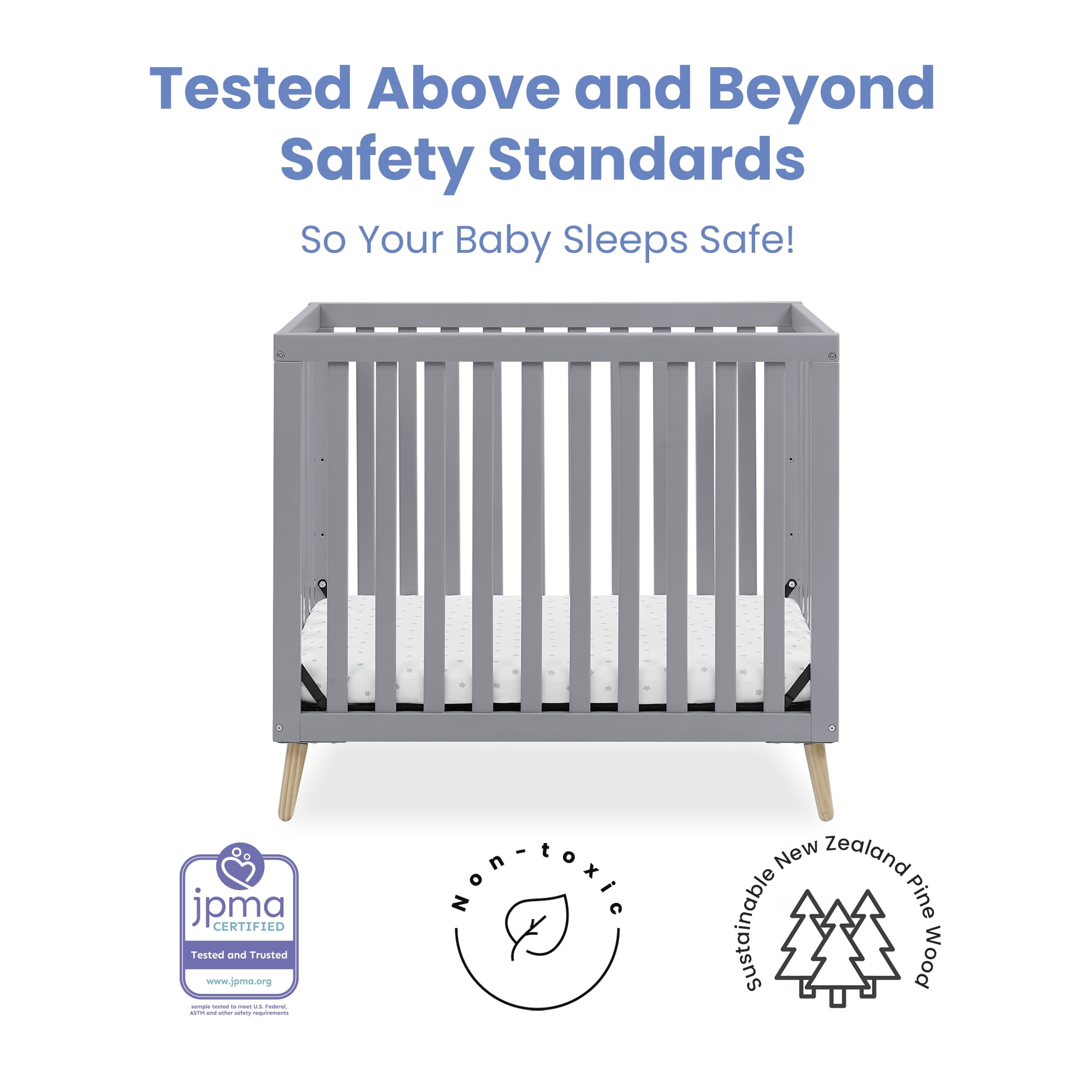 Delta Children Essex Convertible Mini Baby Crib with 2.75-Inch Mattress, Grey w/Natural - Image 10