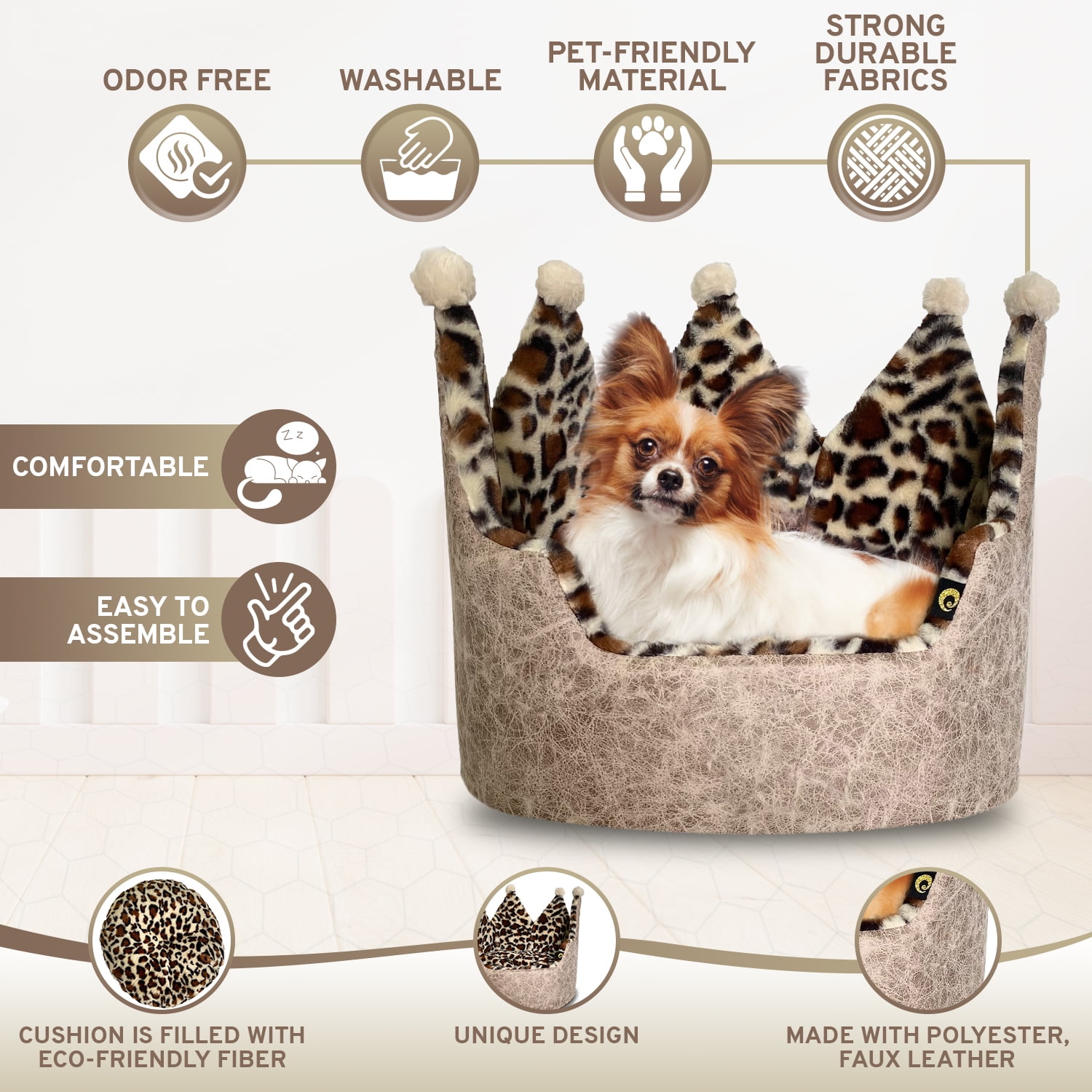 Precious Tails Luxury Leopard Print Crown-Shaped Bed for Small Dogs and Cats - Cozy, Stylish, and Plush Pet Bedding with Royal Design - Image 4