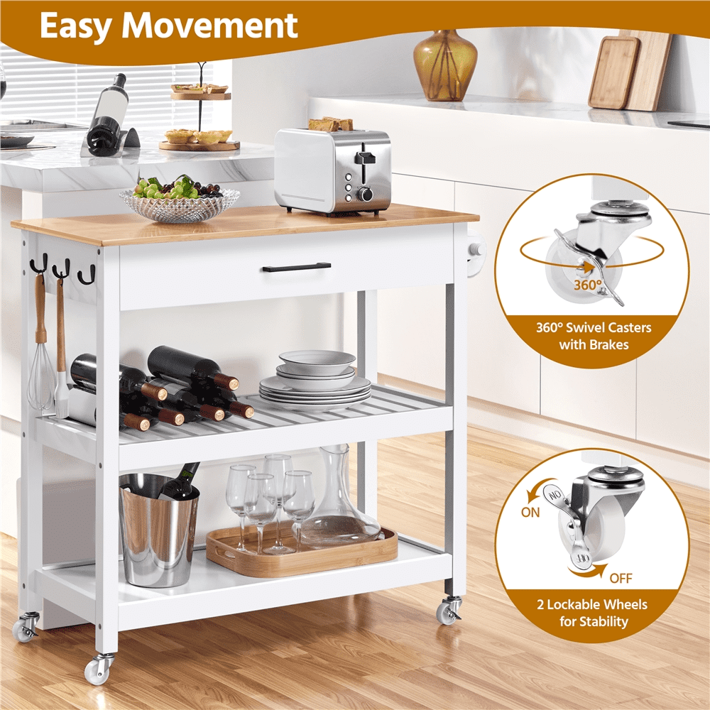 Alden Design Rolling Kitchen Island Cart with Storage & Drawer, White - Image 2