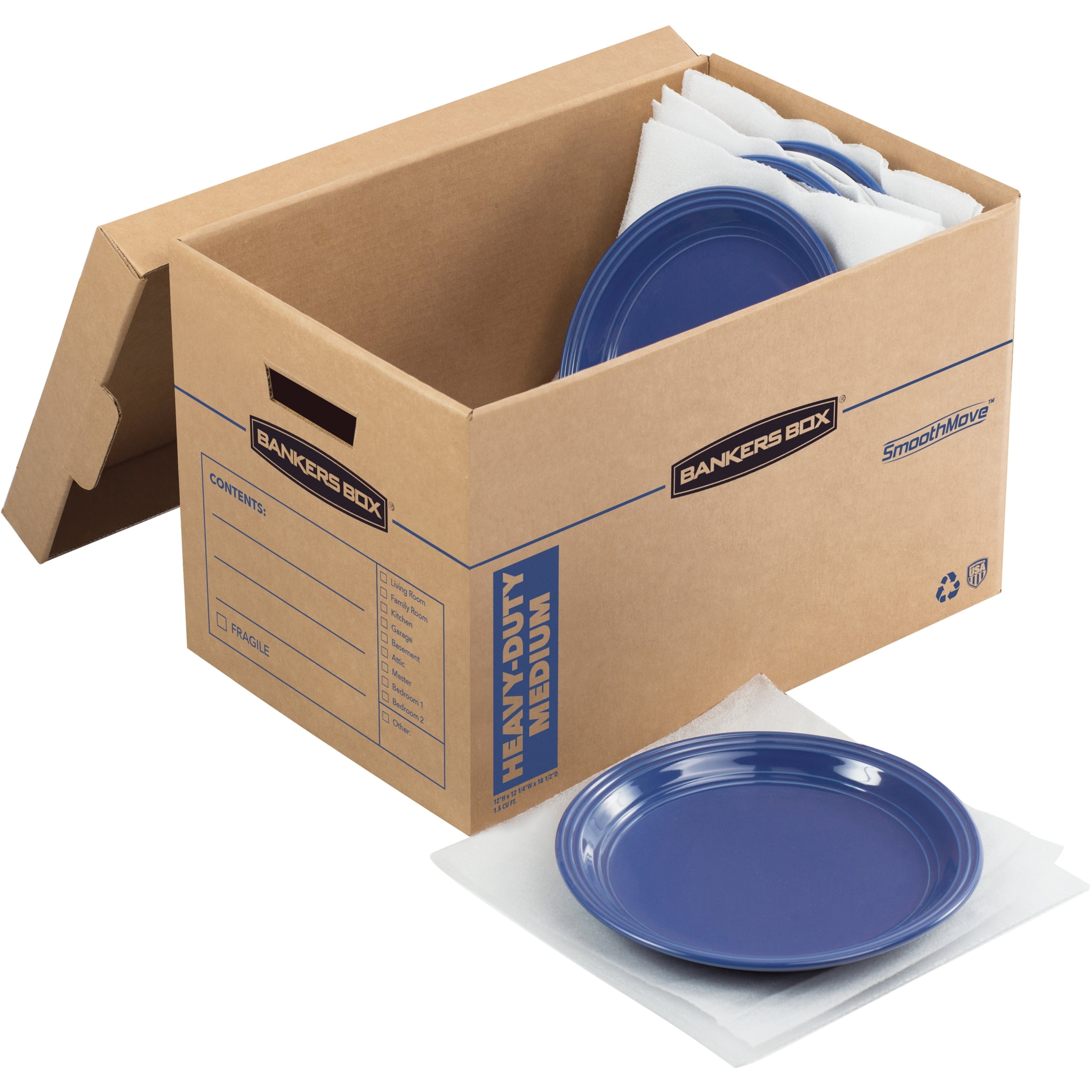 Bankers Box 7710301 SmoothMove 12.25 in. x 18.5 in. x 12 in. Maximum Strength Moving/Storage Boxes - Medium, Brown/Blue (8/Carton) - Image 3