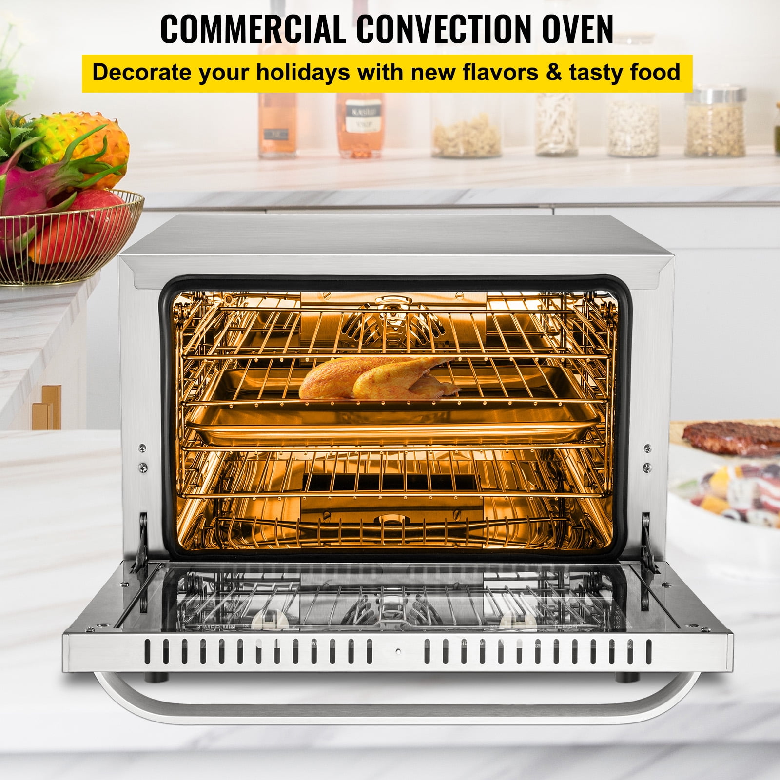 KFFKFF Commercial Convection Oven, 66L/60Qt, Half-Size Conventional Oven Countertop, 1800W 4-Tier Toaster with Front Glass Door, Electric Baking Oven with Trays Wire Racks Clip Gloves, 120V - Image 8