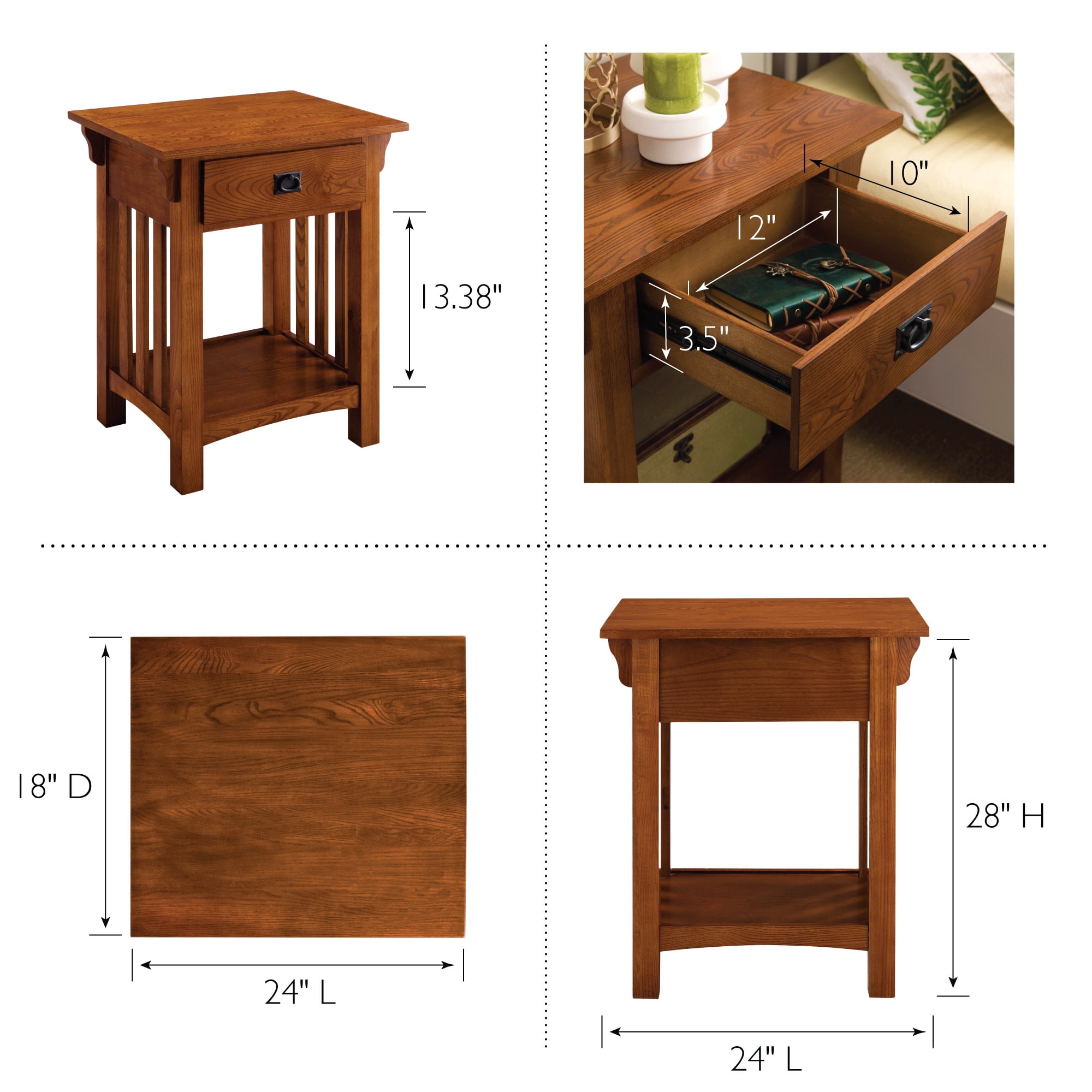 Leick Home Solid Wood Mission End Table with Drawer, Medium Oak Finish - Image 11
