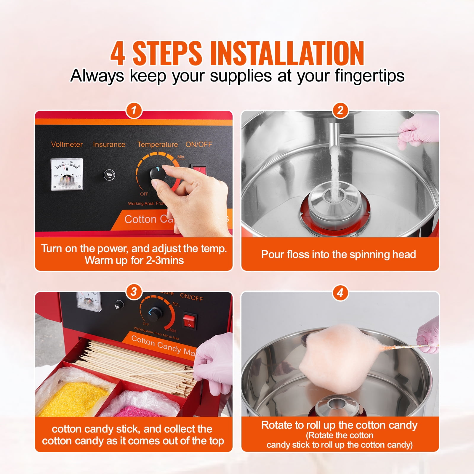 KFFKFF Electric Cotton Candy Maker on Wheels, 1000W Professional Sugar Floss Machine with Protective Lid, Metal Bowl, Sugar Spoon & Storage, Ideal for Domestic Use, Children's Birthdays - Image 4