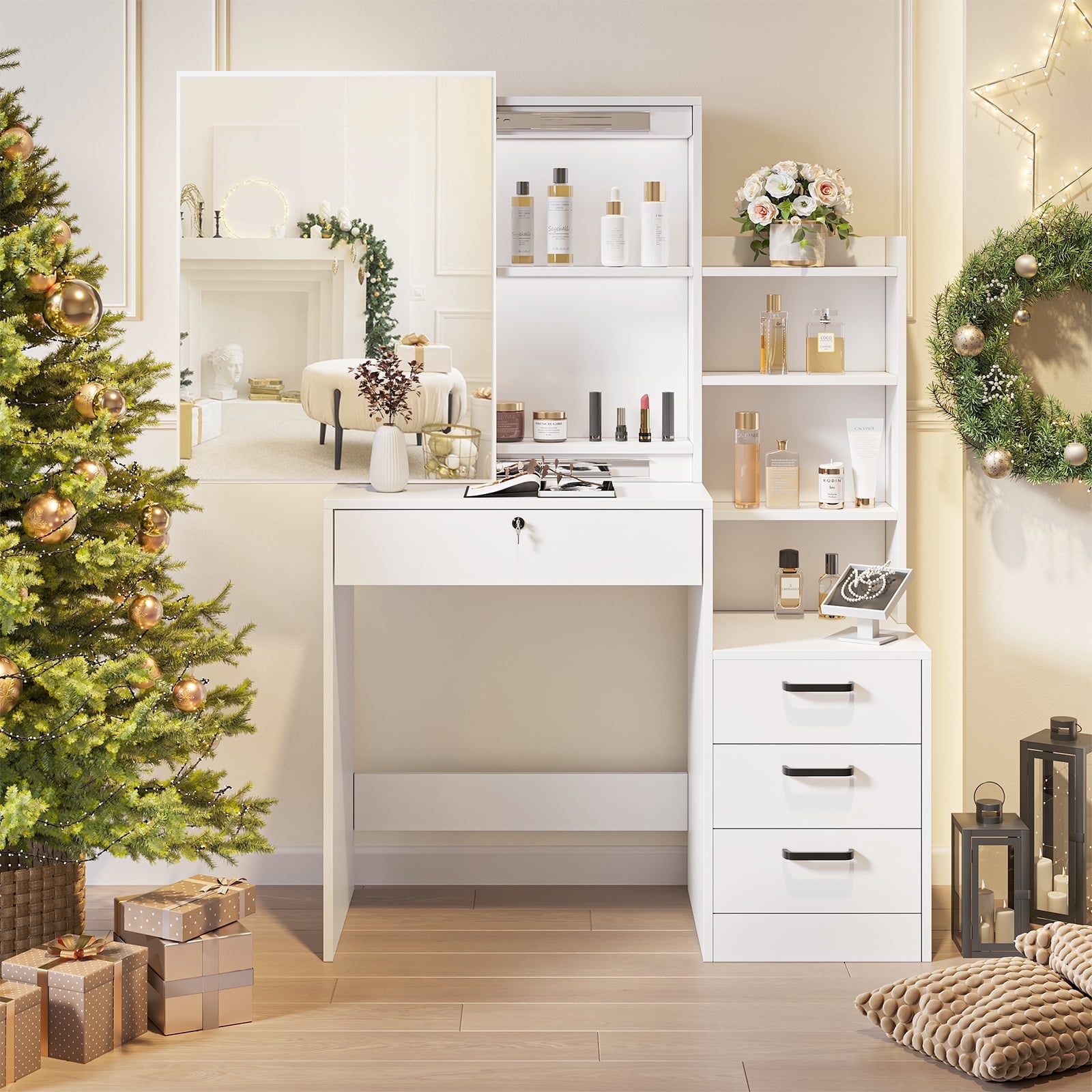 SUGIFT White Lighted Makeup Vanity Table with Sliding Sliding Mirror, Modern Dressing Table Desk with Storage for Bedroom - Image 9