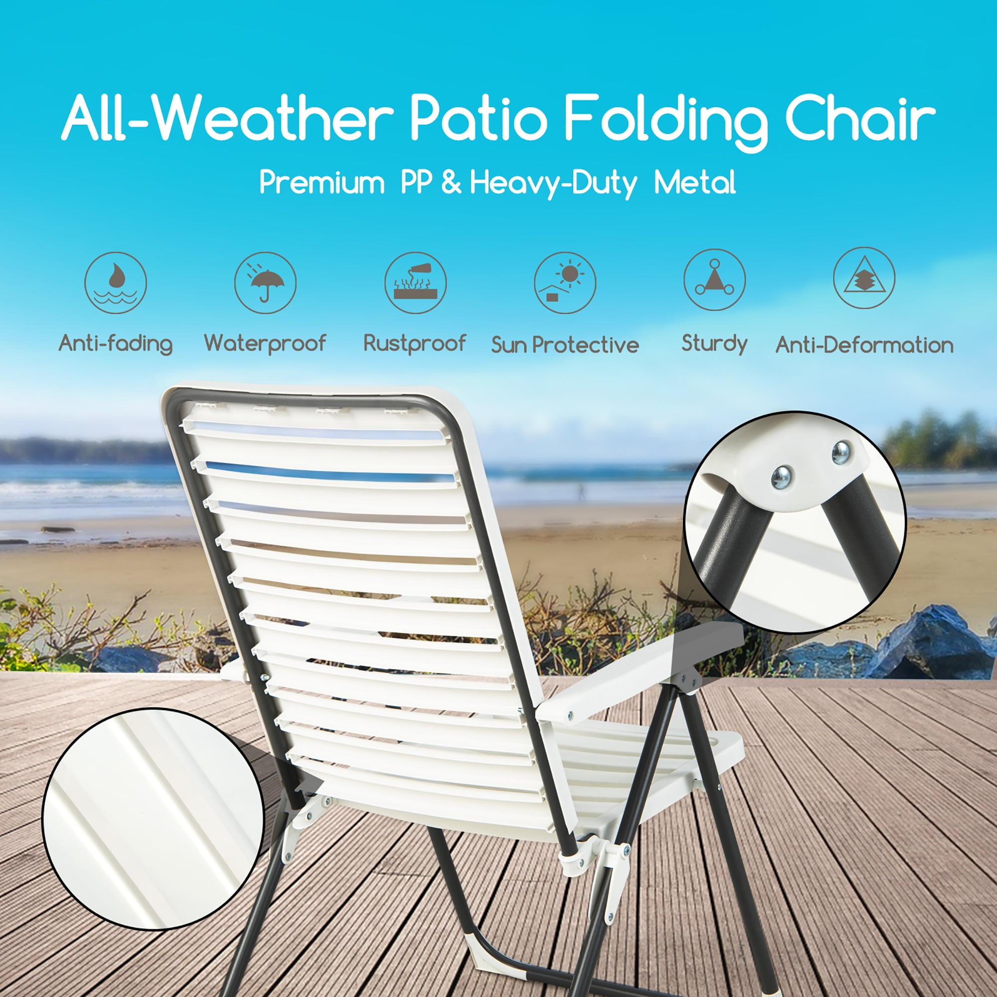 Costway Patio PP Folding Chair Adjustable Reclining 7-Level All-Weather Portable Outdoor White - Image 7