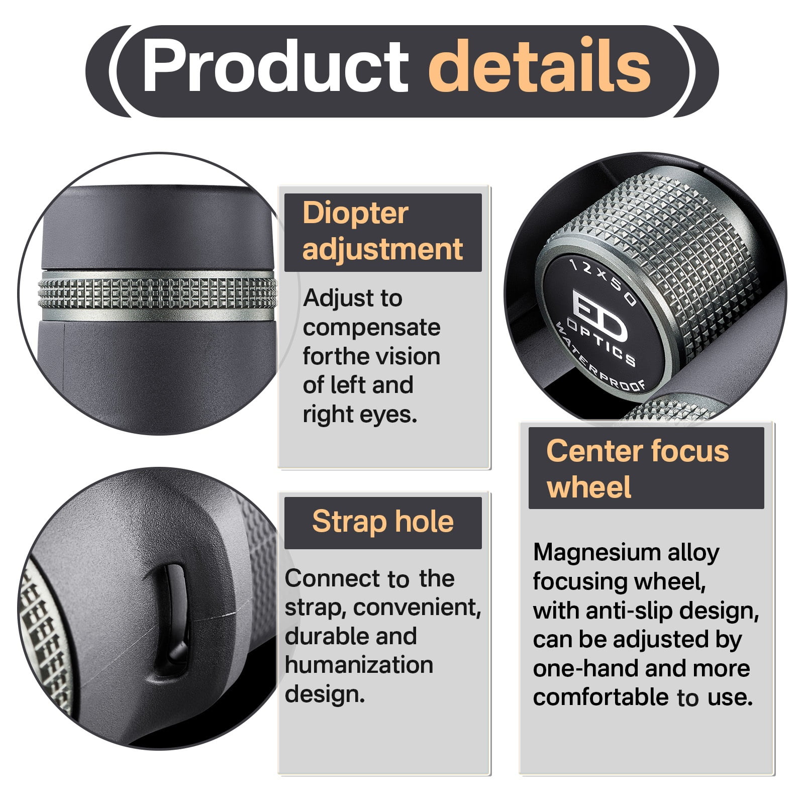 USCAMEL 12x50 ED Binoculars for Adults, Pro Binoculars Roof BAK4 Prism FMC ED Glass Waterproof Fog Proof, w/Gift Box for Bird Watching, Hunting, Black - Image 4