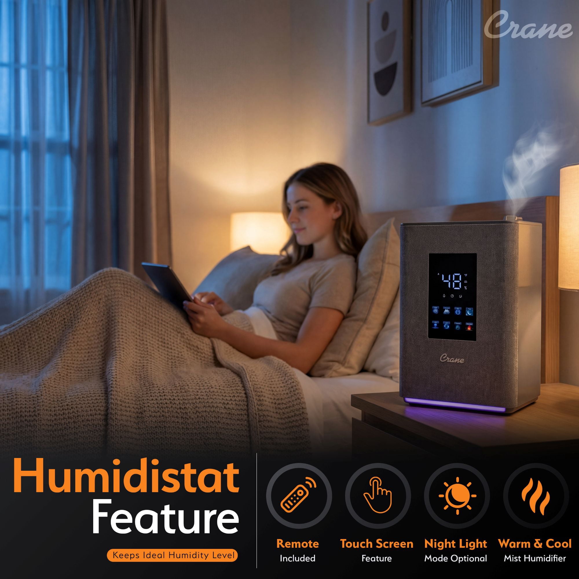 Crane Top Fill Warm & Cool Mist Humidifier, 1.2 Gallon Tank, Digital Humidistat & Touchscreen, With Remote - Image 6