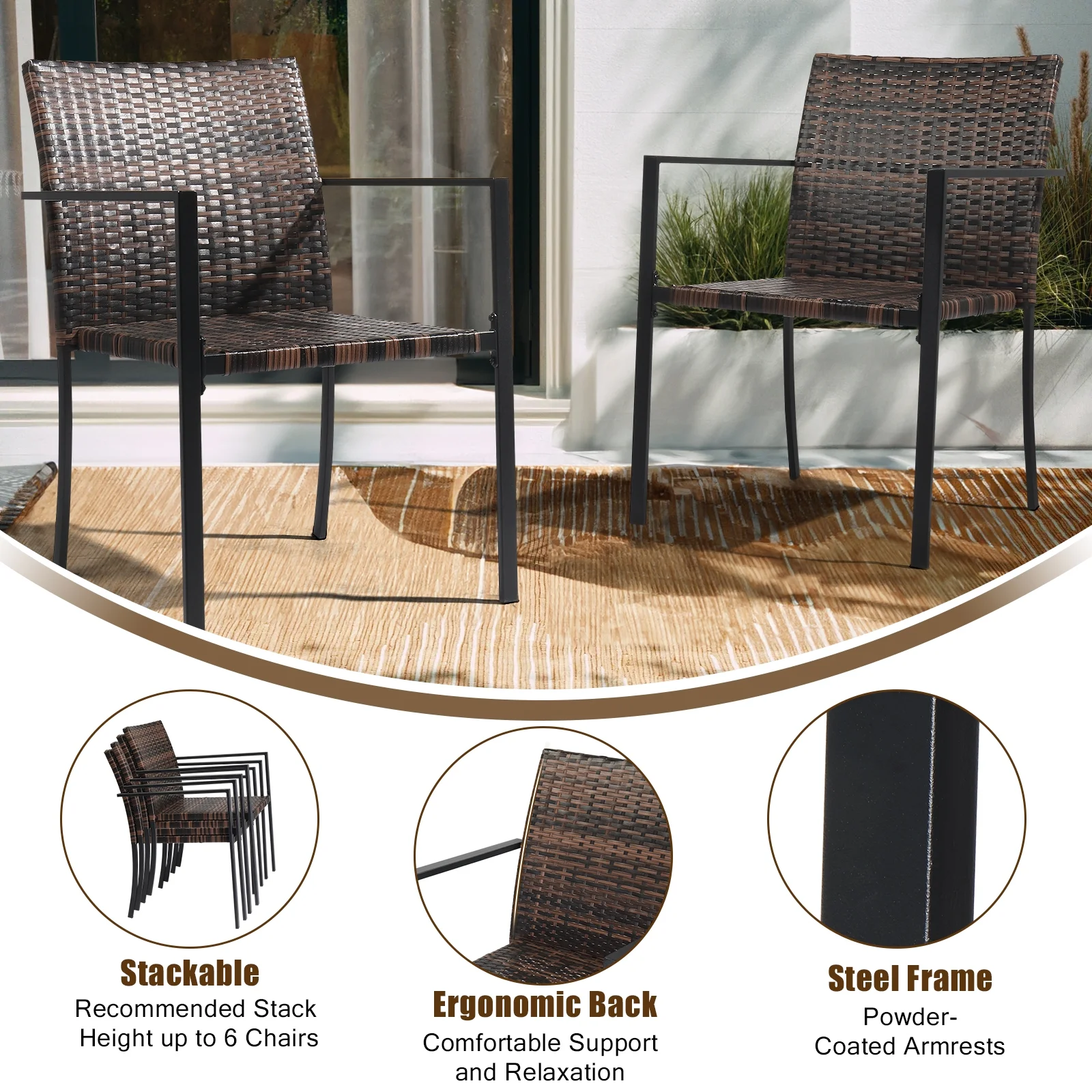 Zimtown 2 Pack Wicker Dining Chairs, Wicker Stackble Chair for Outdoor and Indoor, All Weather Chairs with Armrest and Backrest, Sturdy Iron Frame,Brown - Image 7