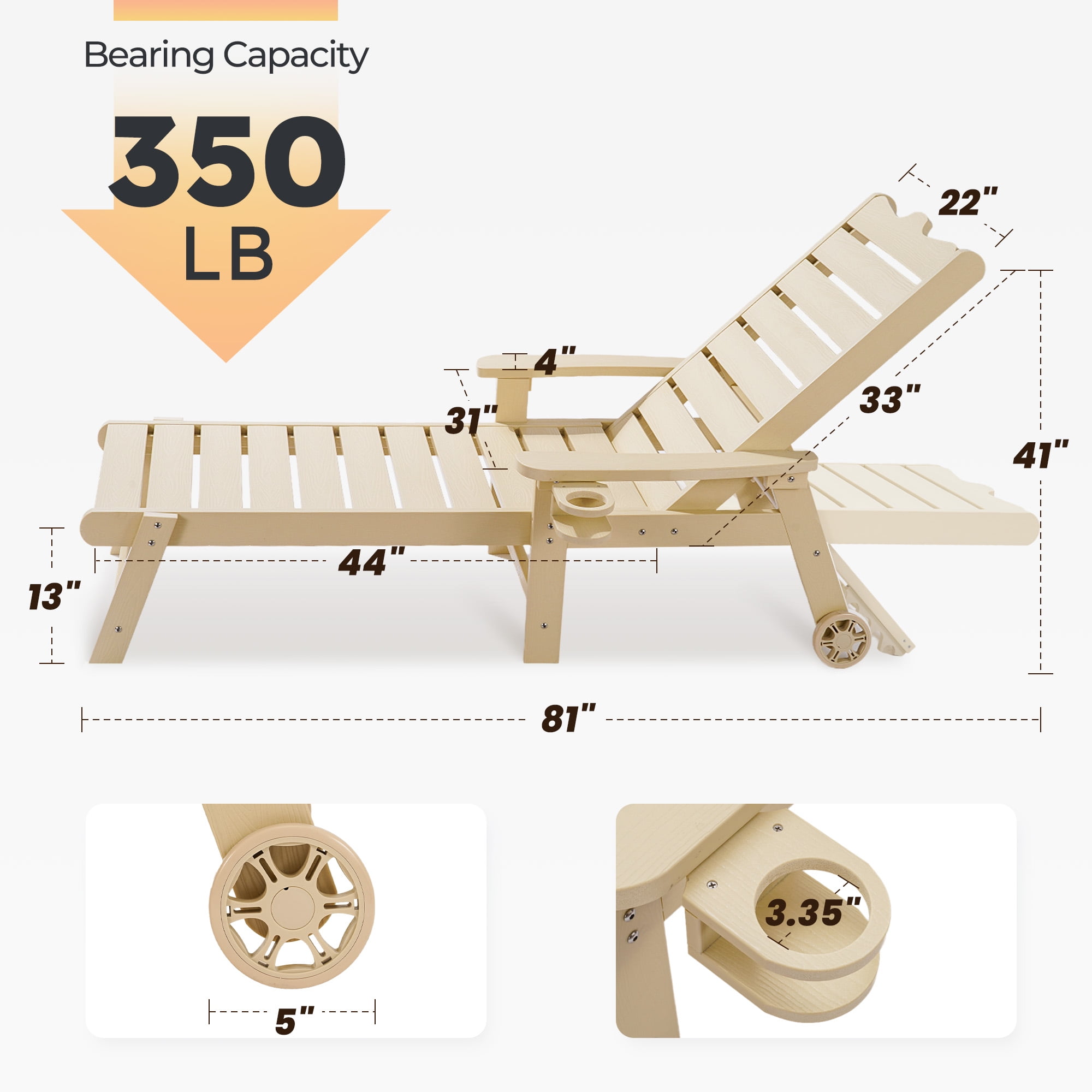 Naipo 1pc/2pcs Outdoor Lounge Chair with 5-Level Adjustable Backrest, Patio Chaise Lounge CupHolder, No Rust, No Fade, No Break with Enlarged Wheels, 350lbs - Image 8
