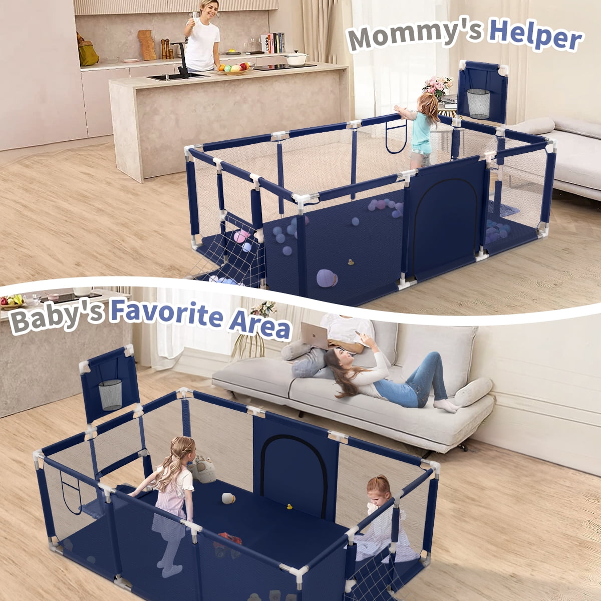 Baby Playpen, HDJ 71 inch Extra Large Baby Playard with Basketball Hoop and Breathable Mesh, Play Fence for Indoors Outdoors,Blue - Image 3