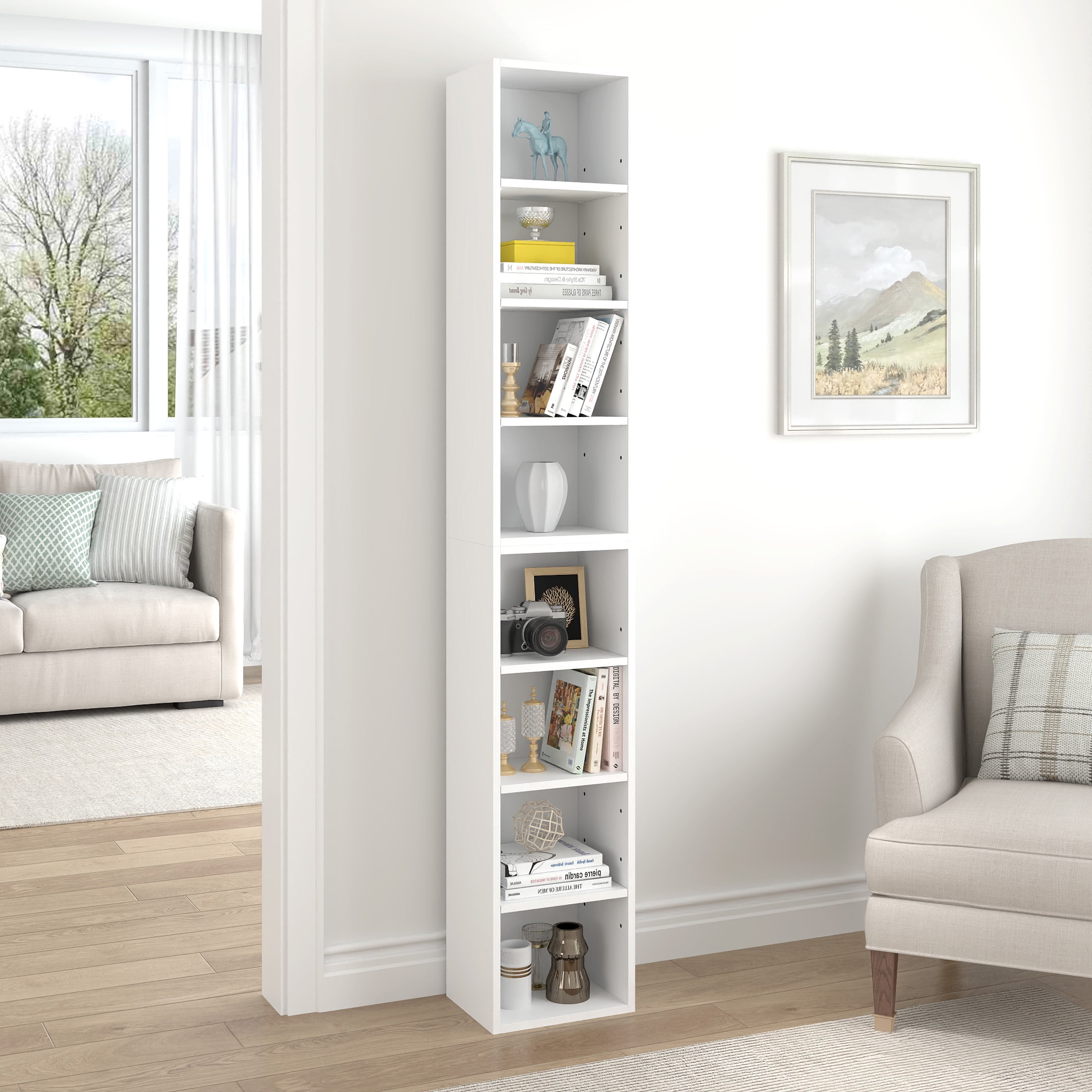 PORKISS 8-Tier White Bookshelf, Wood Open Display Bookshelf with Adjustable Shelves, Tall Narrow Bookcase with Slim Storage, Modern Book Display Shelf Media Tower Rack for Living Room, Home Office - Image 9