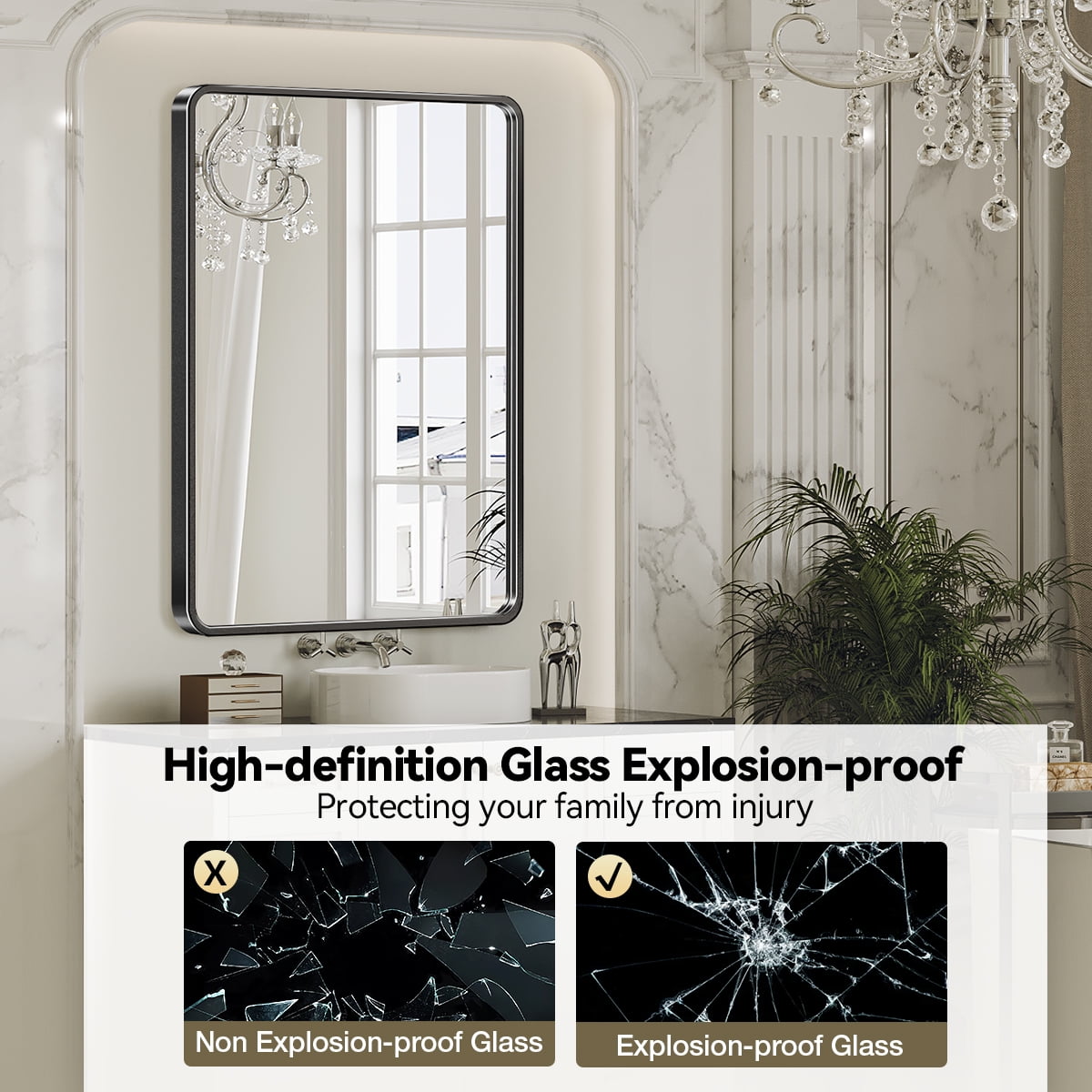 Black Bathroom Mirrors Wall Mirror 22x28 Inch, Modern Bathroom Vanity Wall Mirror with Rectangular Metal Frame & Round Corner for Living Room Bedroom Bathroom, Explosion-proof HD Glass - Image 8