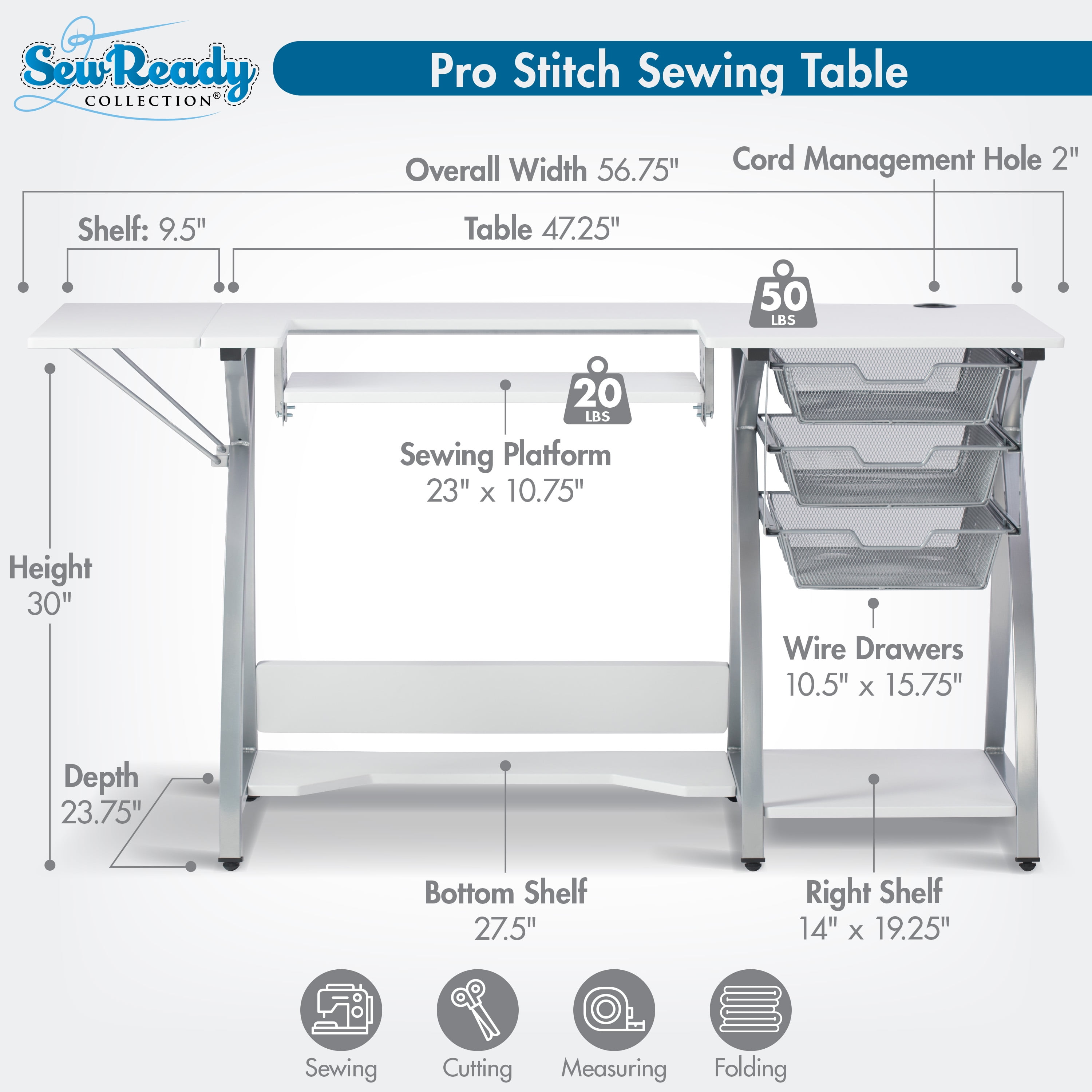 Sew Ready Pro Stitch Sewing Desk with Folding Top Metal Drawers and Storage Shelves Shilver/White - Image 13