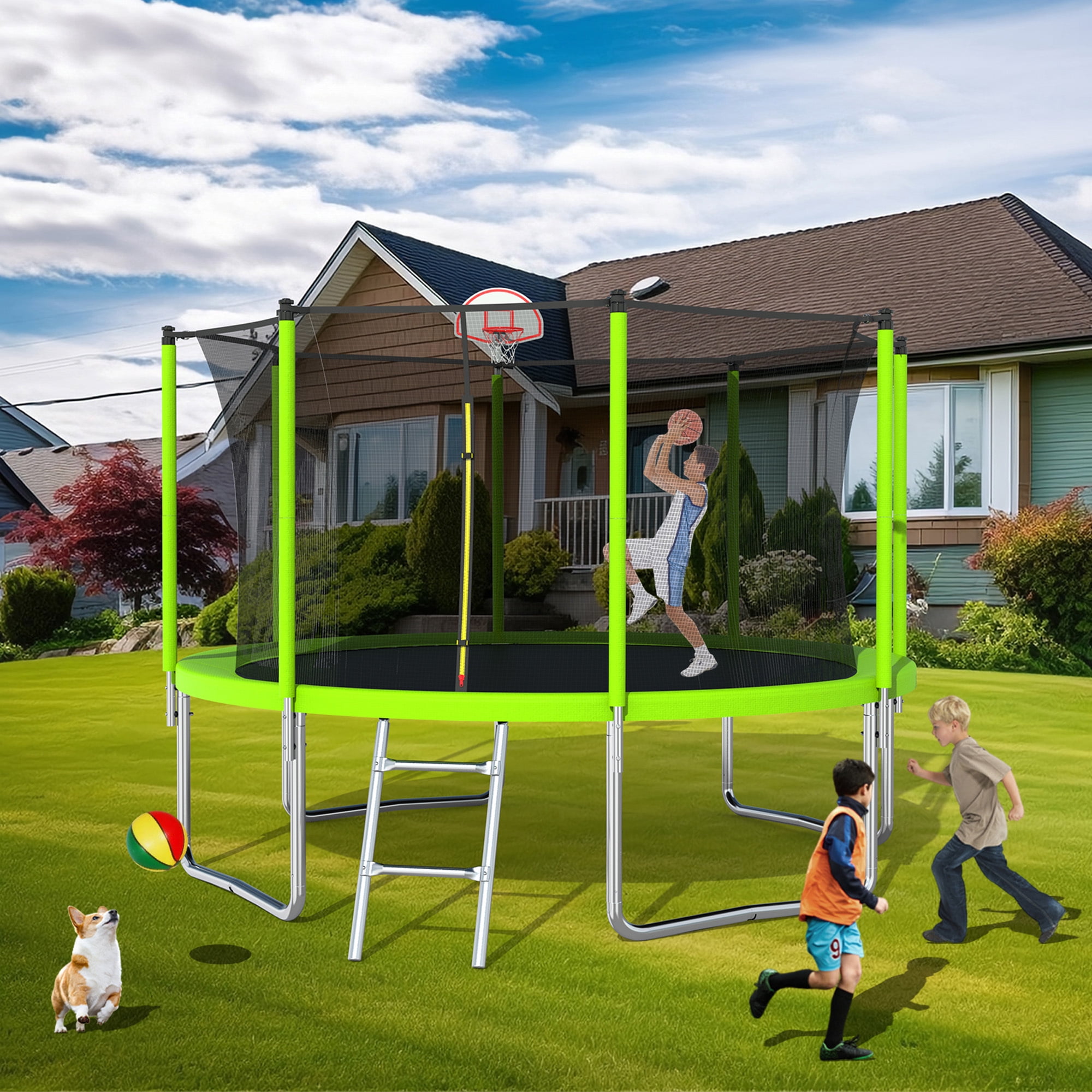 12FT Trampoline for Kids,Outdoor Trampoline with Basketball Hoop,Heavy-Duty Trampoline with Safety Enclosure Net,Green - Image 12