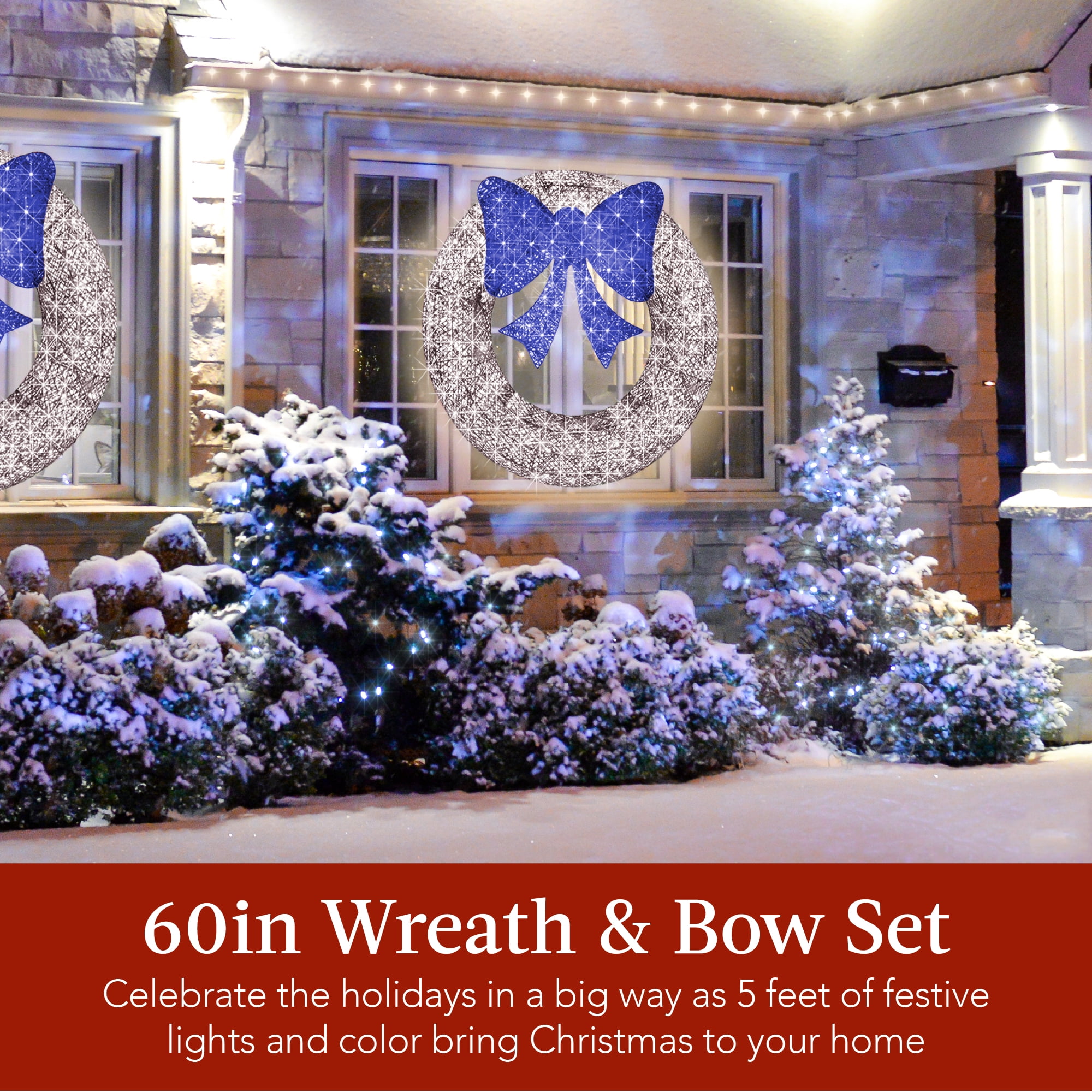 Best Choice Products 60in Pre-Lit Outdoor Christmas Wreath, LED Metal Holiday Decor w/ 206 Lights, Bow - Silver/Blue - Image 8