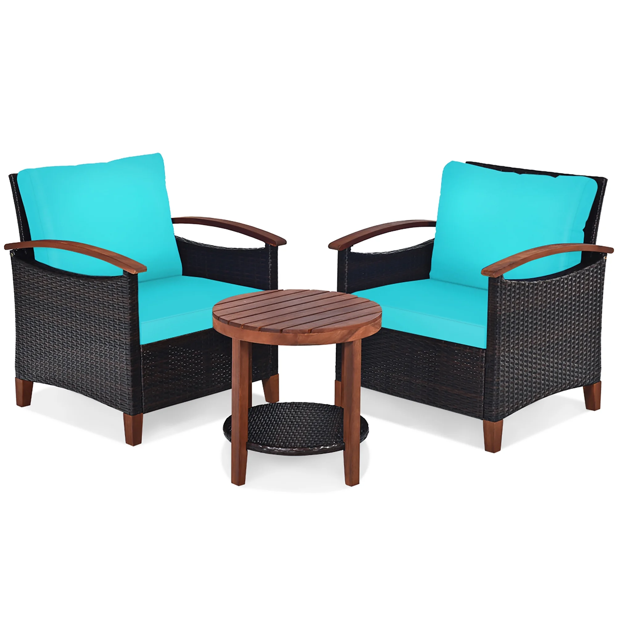 Costway 3PCS Patio Rattan Furniture Set Wooden Frame Cushion Table Shelf - Image 2