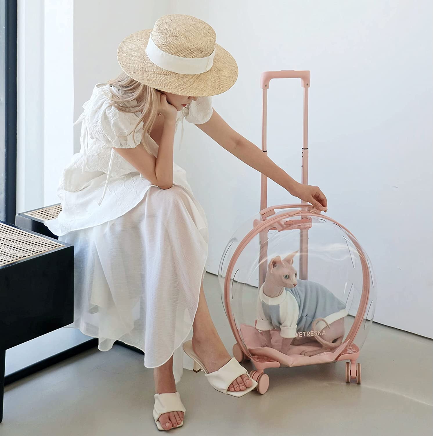 VETRESKA Pet Carrier with 2 Mats Pink Travel Pet Transport Luggage with Wheels Handle for Dogs Cats - Image 3