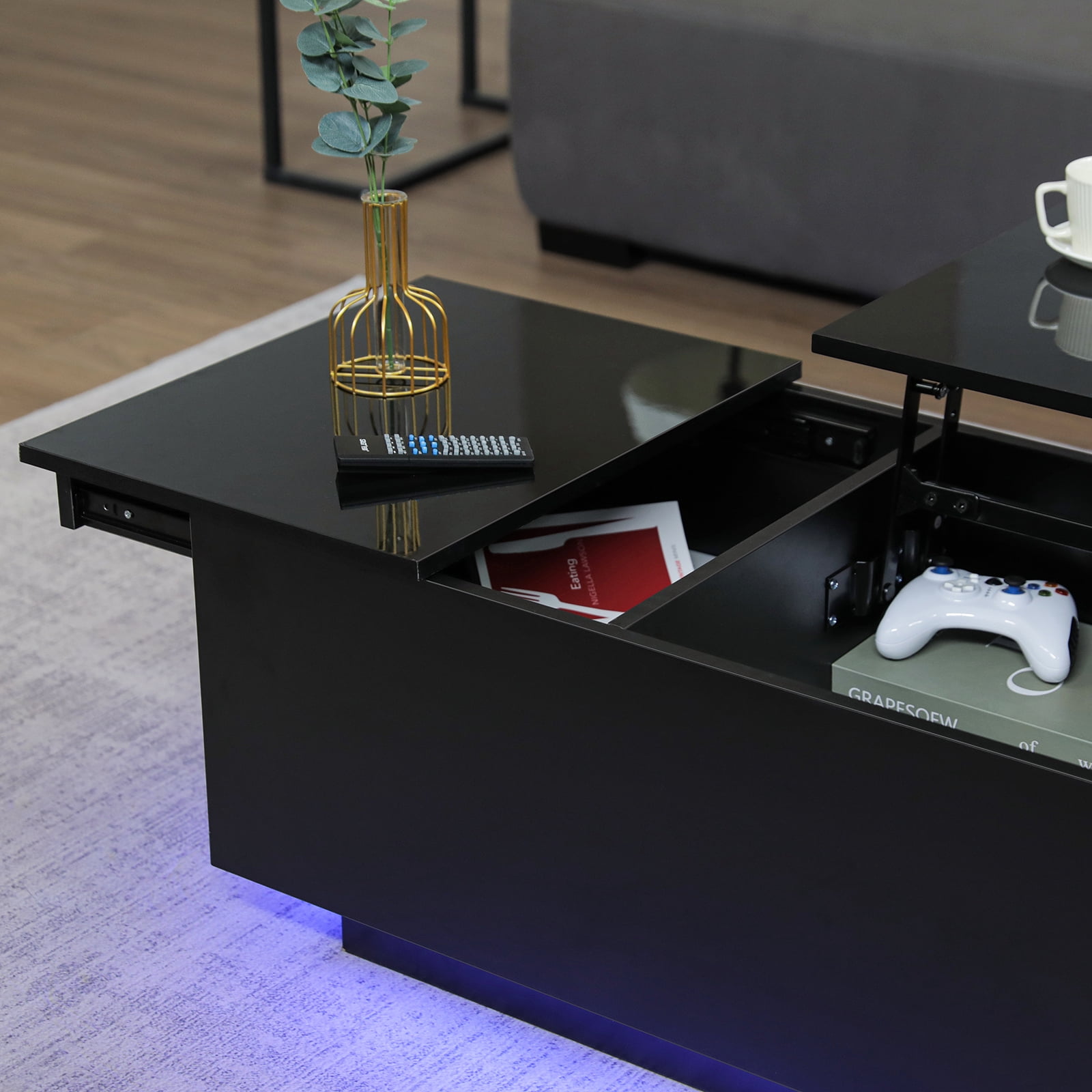 LED Coffee Table with Lift Top & Charging Station Small Dining Table with Hidden Compartment for Living Room - Image 9