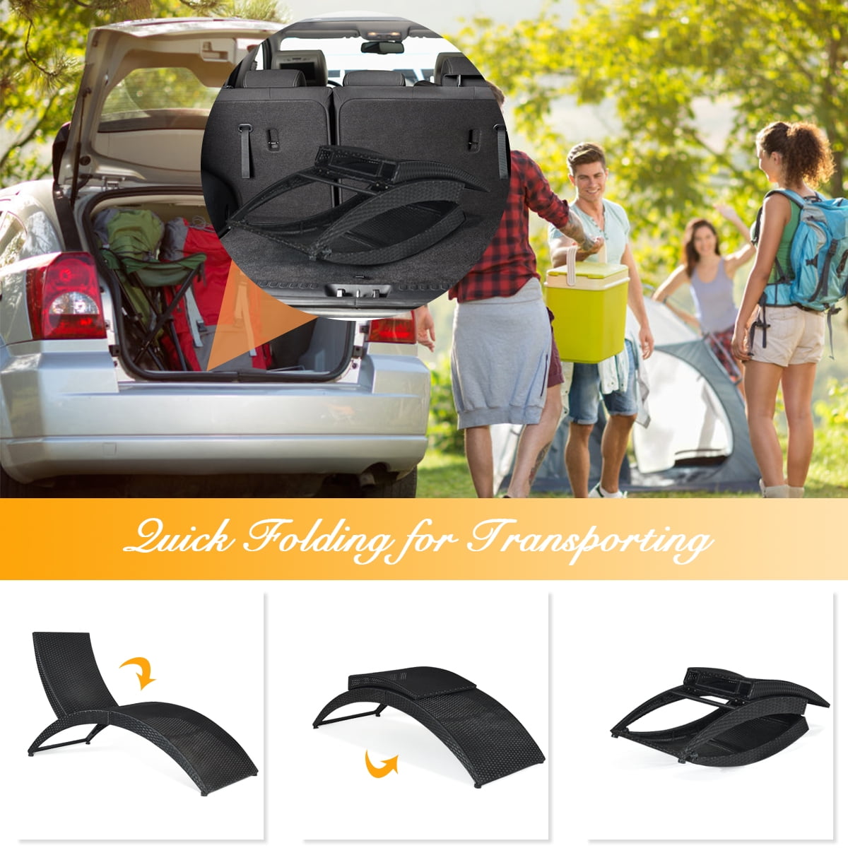 Costway Folding Patio Rattan Lounge Chair Chaise Cushioned Portable Garden Lawn Black - Image 2