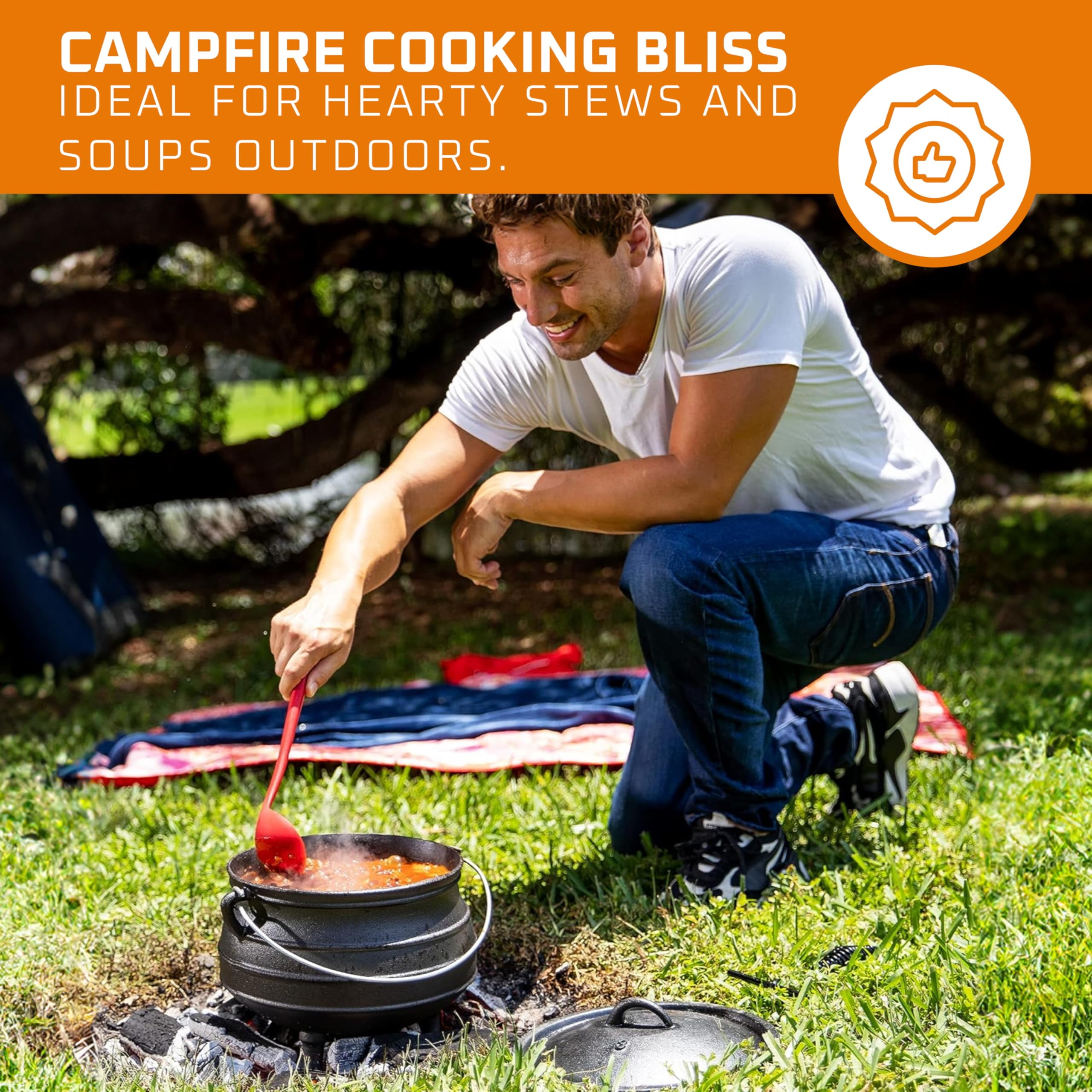 Bruntmor 8-Quart Pre-Seasoned Cast Iron Cauldron - African Potjie Pot with Lid - 3-Legged Pot for Even Heat Distribution - Outdoor Cast Iron Dutch Oven Cookware for Campfire Cooking and Boiling - Image 3