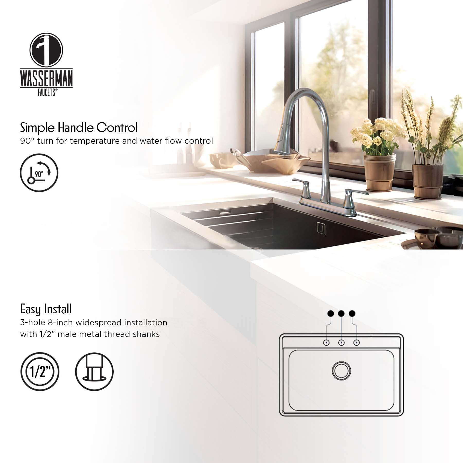 Wasserman 22167043 - Kitchen Sink Faucet Double Handle Pull Down Spray in Chrome - Image 9