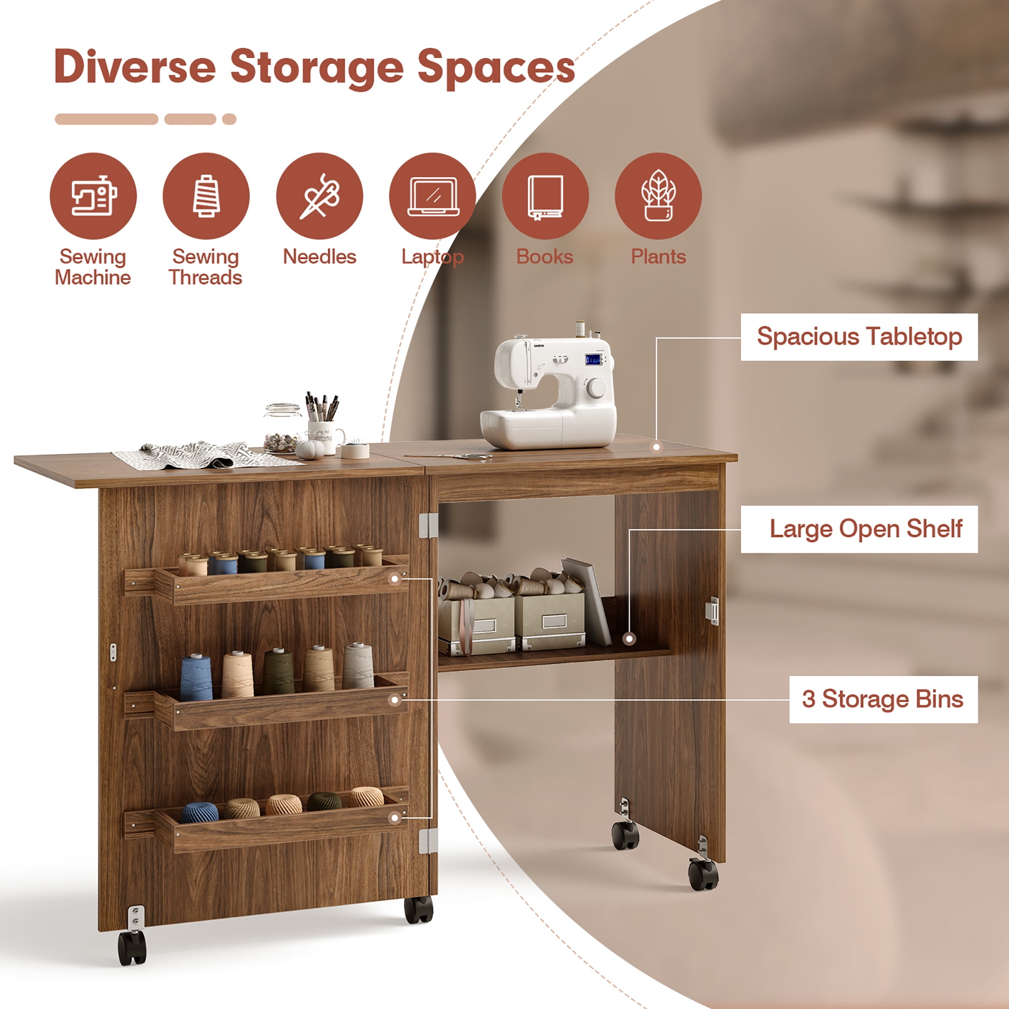 Gymax Folding Sewing Craft Table Shelf Storage Cabinet Home Furniture W/Wheels Brown - Image 7