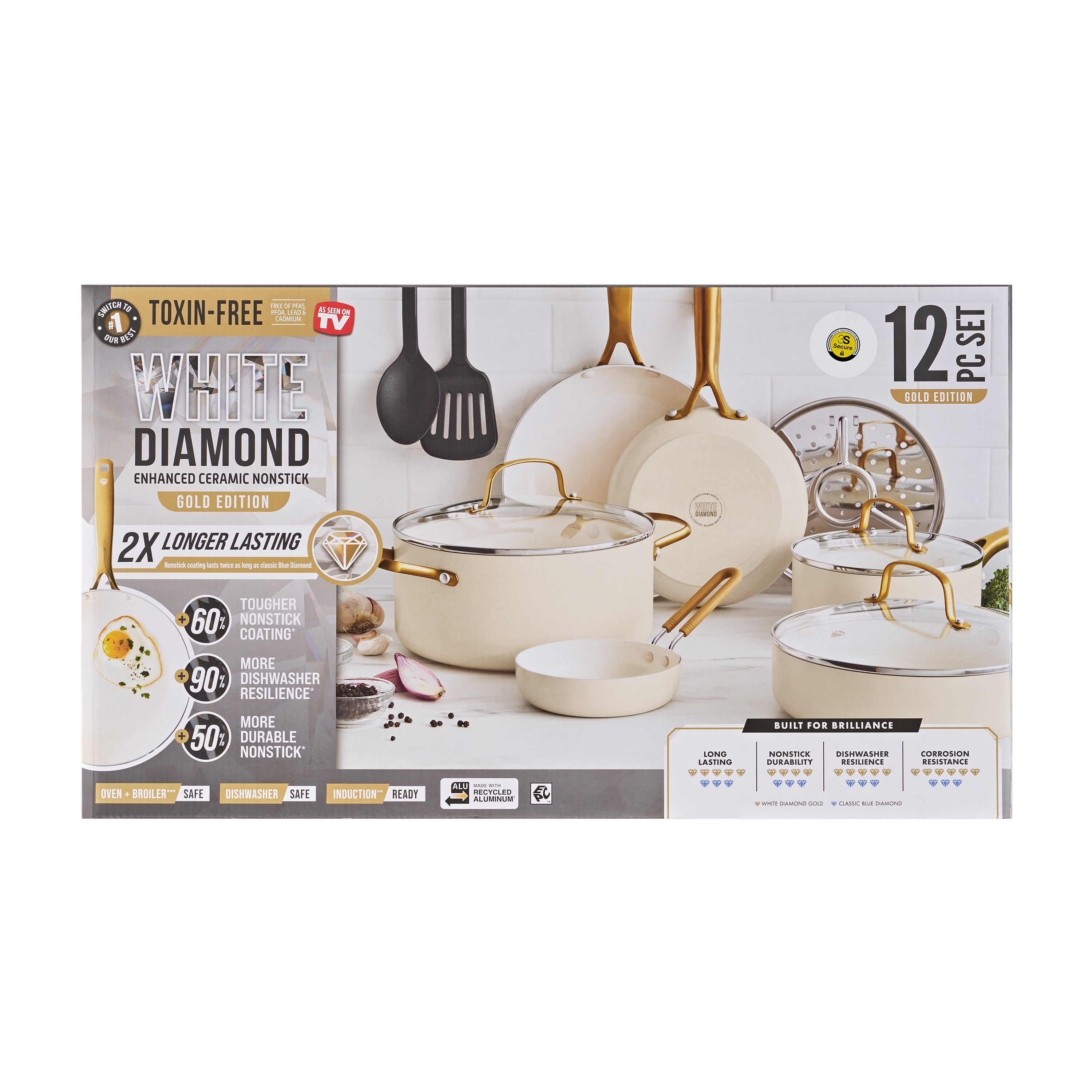 Blue Diamond White 12 Piece Nonstick Aluminum Pot and Pan Cookware Set, Gold - Image 9