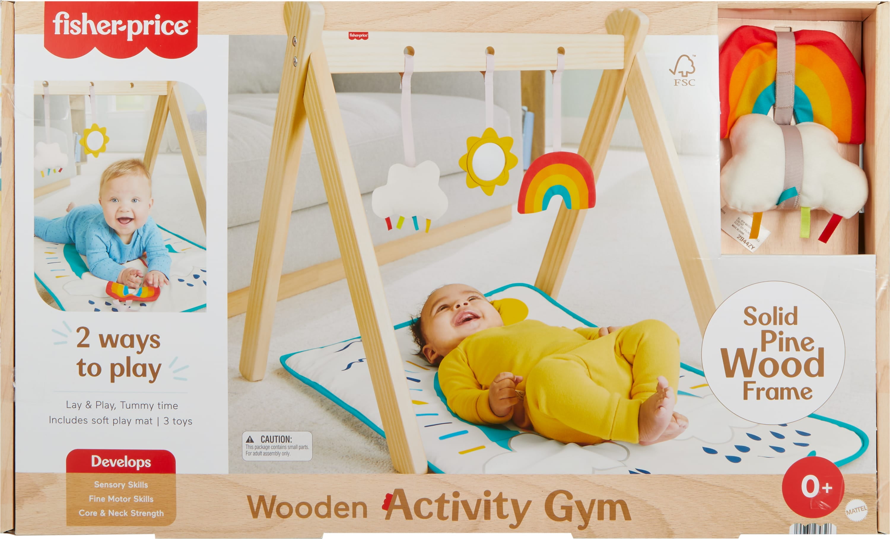 Fisher-Price Wooden Activity Gym, Wood Frame with 3 Sensory Toys & Mat for Newborn Babies - Image 2