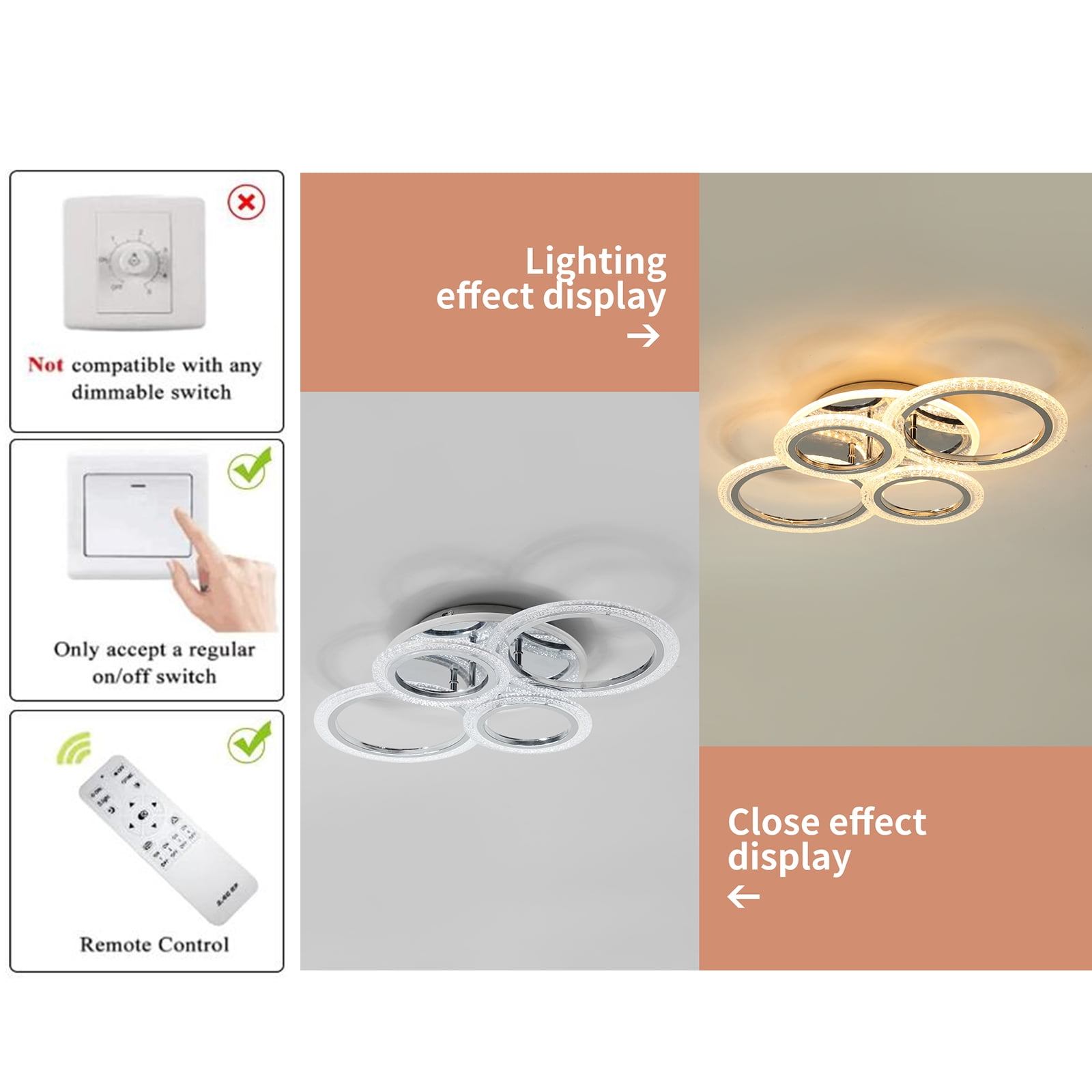 Garwarm Modern Ceiling Light 58W Dimmable Flush Mount LED Ceiling Lamp 4 Rings Acrylic Ceiling Chandelier for Living Room Dining Room Bedroom,Chrome - Image 8