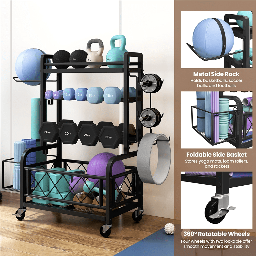 Renwick Metal Rolling Dumbbell Rack with Hooks, Black - Image 13
