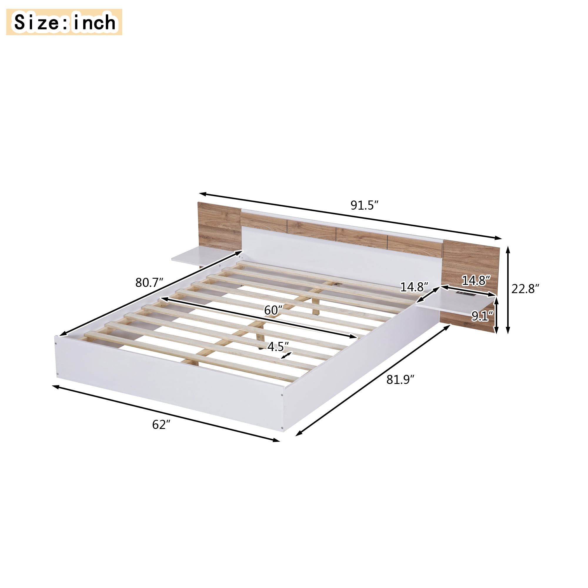 Euroco Wood Queen Size Platform Bed with Shelf and Charging Station for Adults, Beige - Image 10