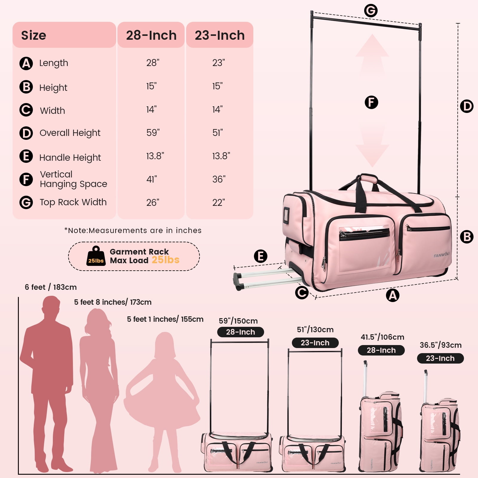 Fegat 23" Collapsible Rolling Competition Dance Duffle Bag, Pink-23Inch - Image 3