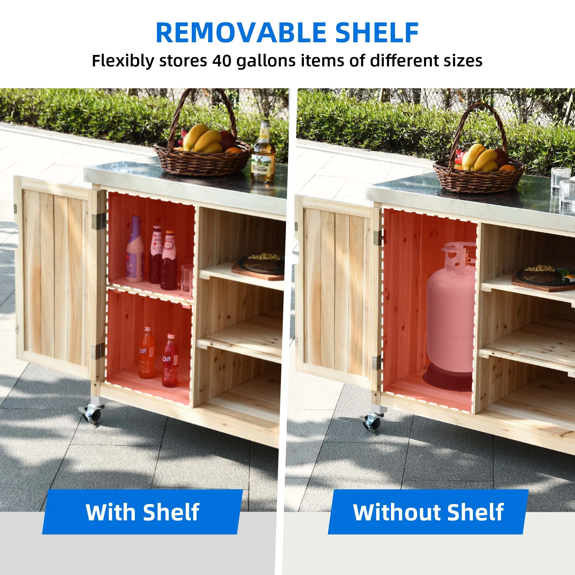 Dextrus Outdoor Kitchen Island Rolling Trolley Cart Stainless Steel Tabletop, Kitchen Storage Dining Serving Cart - Natural Wood - Image 5