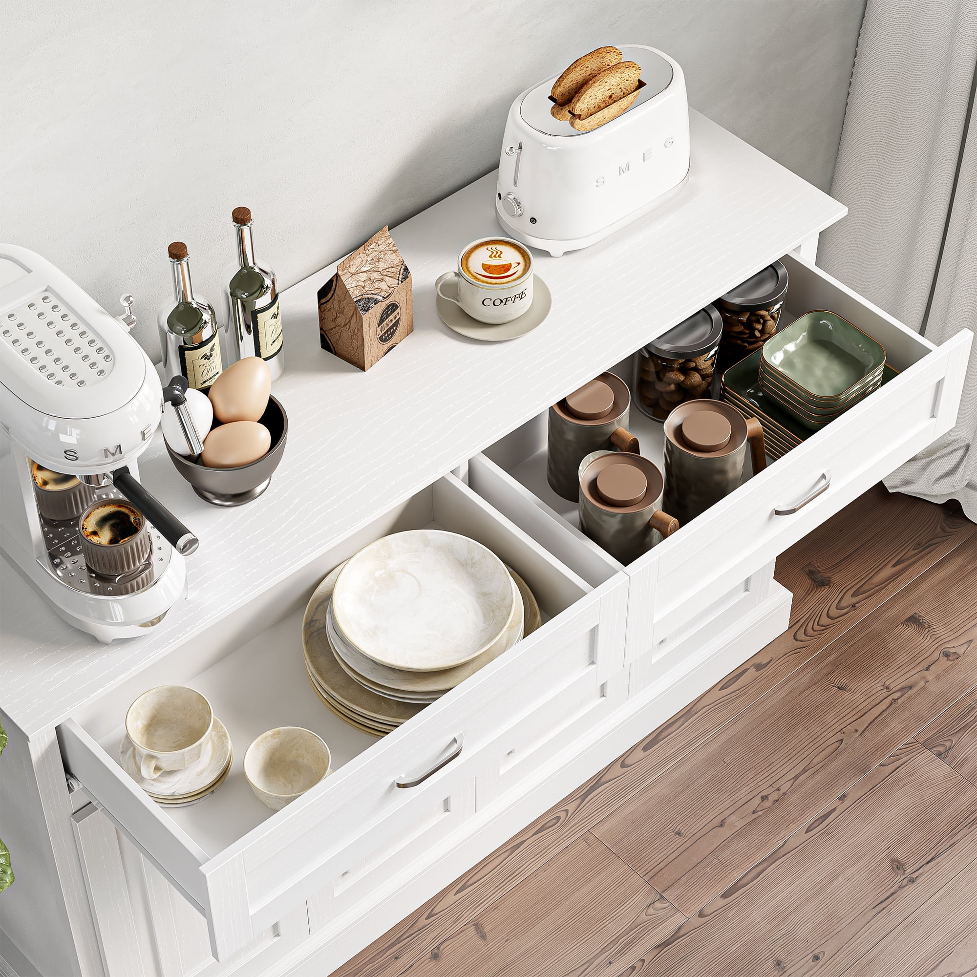 Homfa Modern Kitchen Sideboard Buffet Table, 4 Door 2 Drawer Wood Storage Cabinet Coffee Bar for Living Room Entryway, White - Image 7
