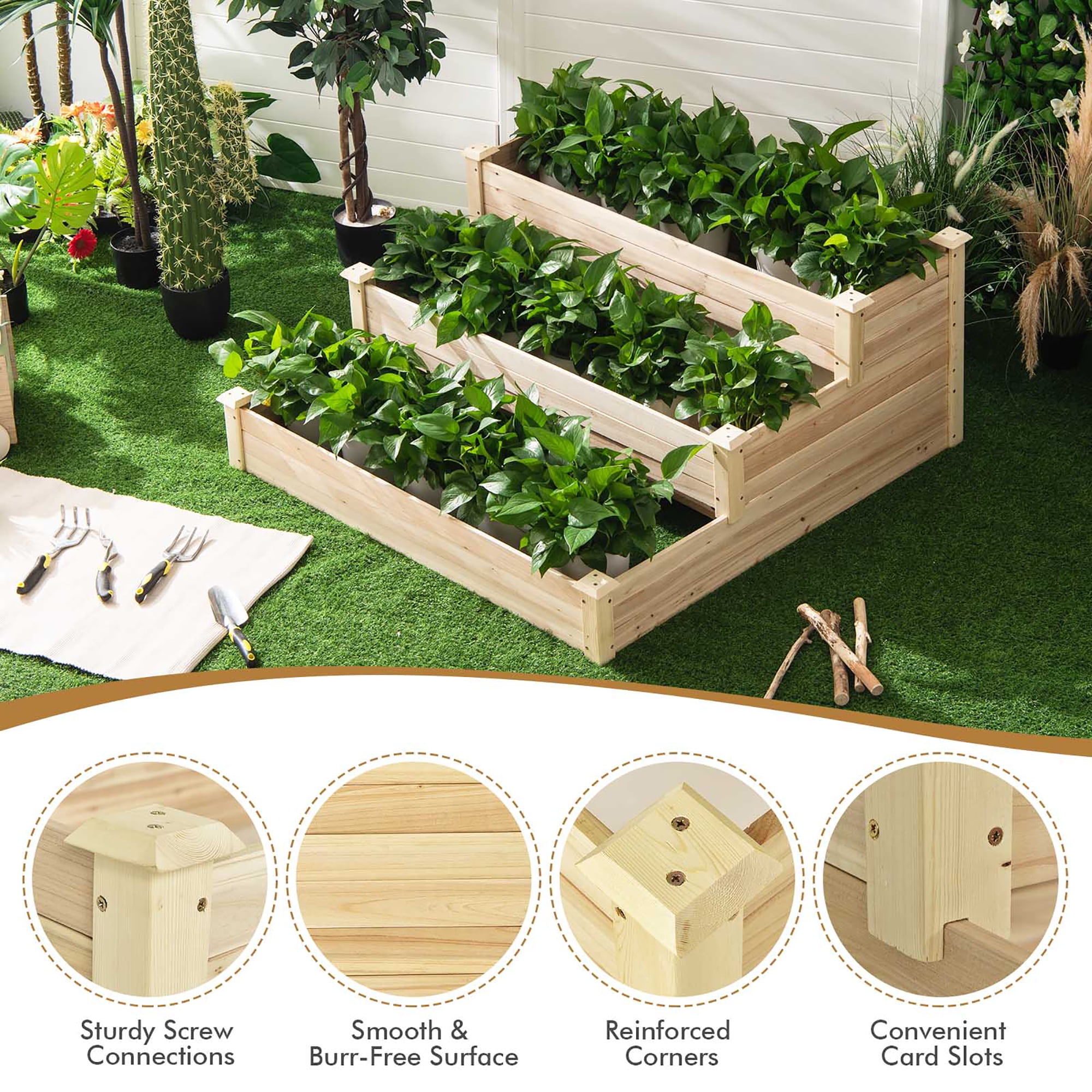 Costway 3-Tier Raised Garden Bed Wood Planter Kit for Flower Vegetable Herb 48x 48x 22in - Image 10