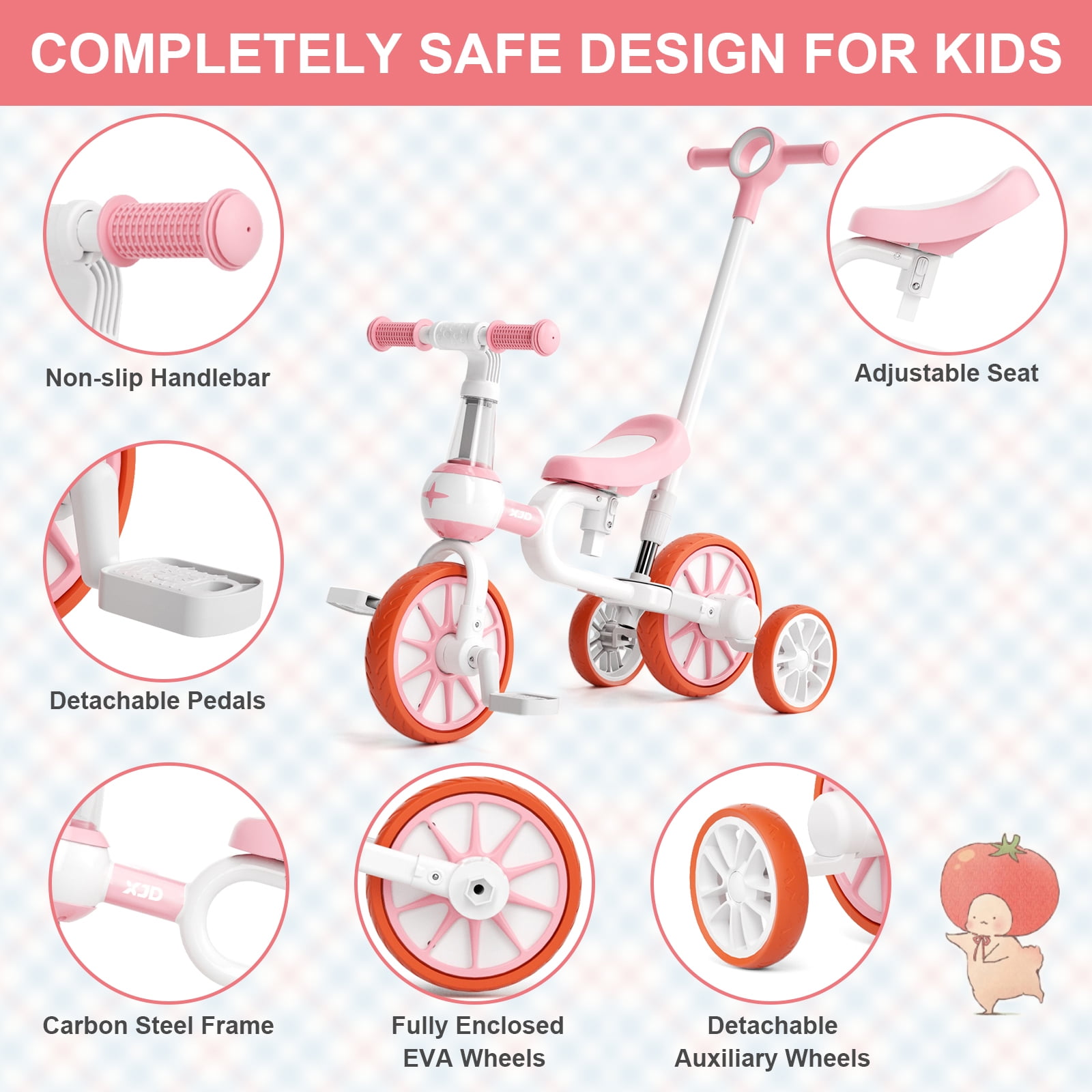 XJD 7-in-1 Toddler Bike with Push Handle for 1 Year to 4 Years Old Kids, Toddler Tricycle Kids Trikes Tricycle, Gift & Toys for Boy & Girl, Balance Training, Removable Pedals - Image 3