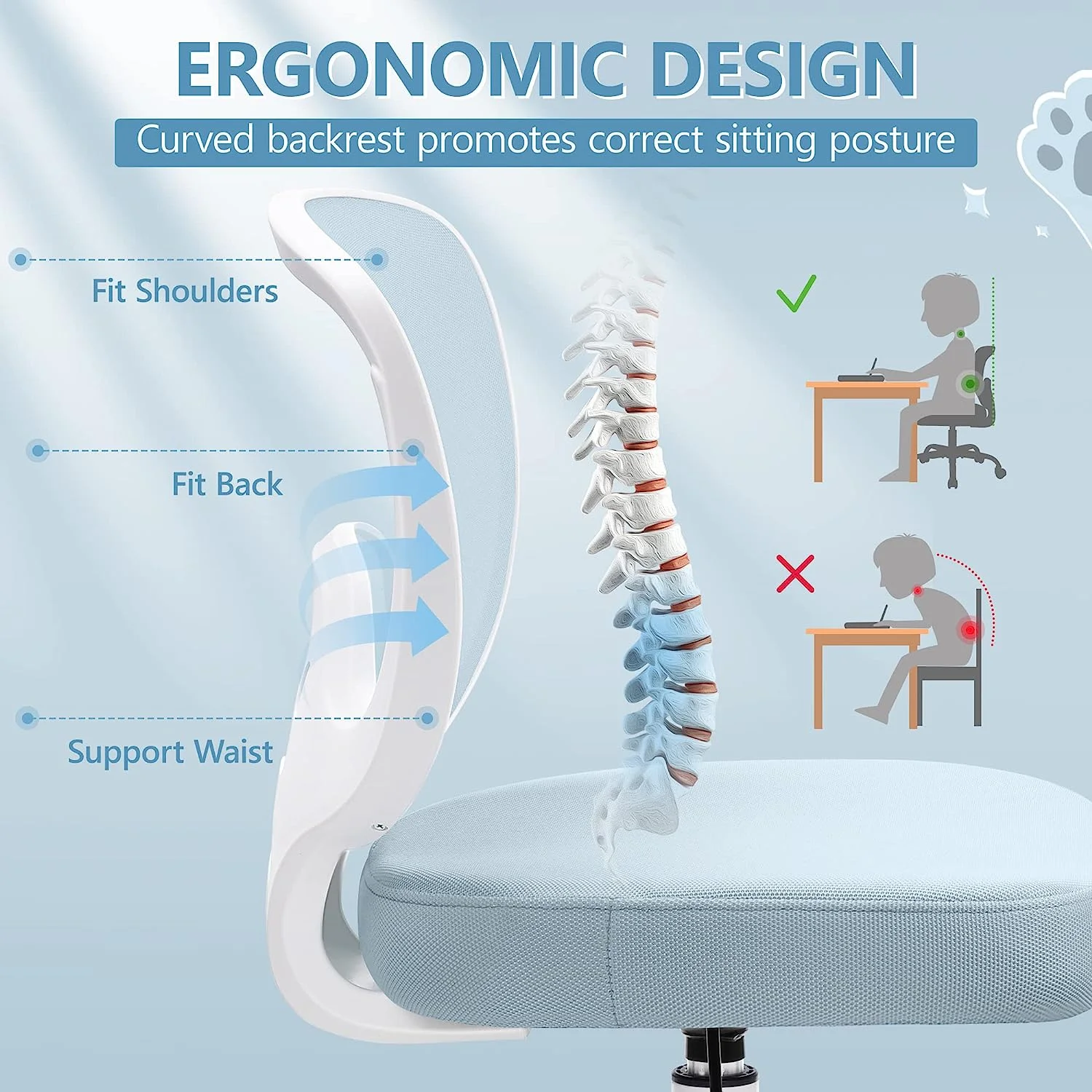 Coolhut Kids Desk Chair, Ergonomic Children Study Computer Chair Adjustable, Breathable Mesh Office Chair with Wheels, Armless Rolling Swivel School Task Chair for Boys Girls Age 4-12 in Home Bedroom - Image 3