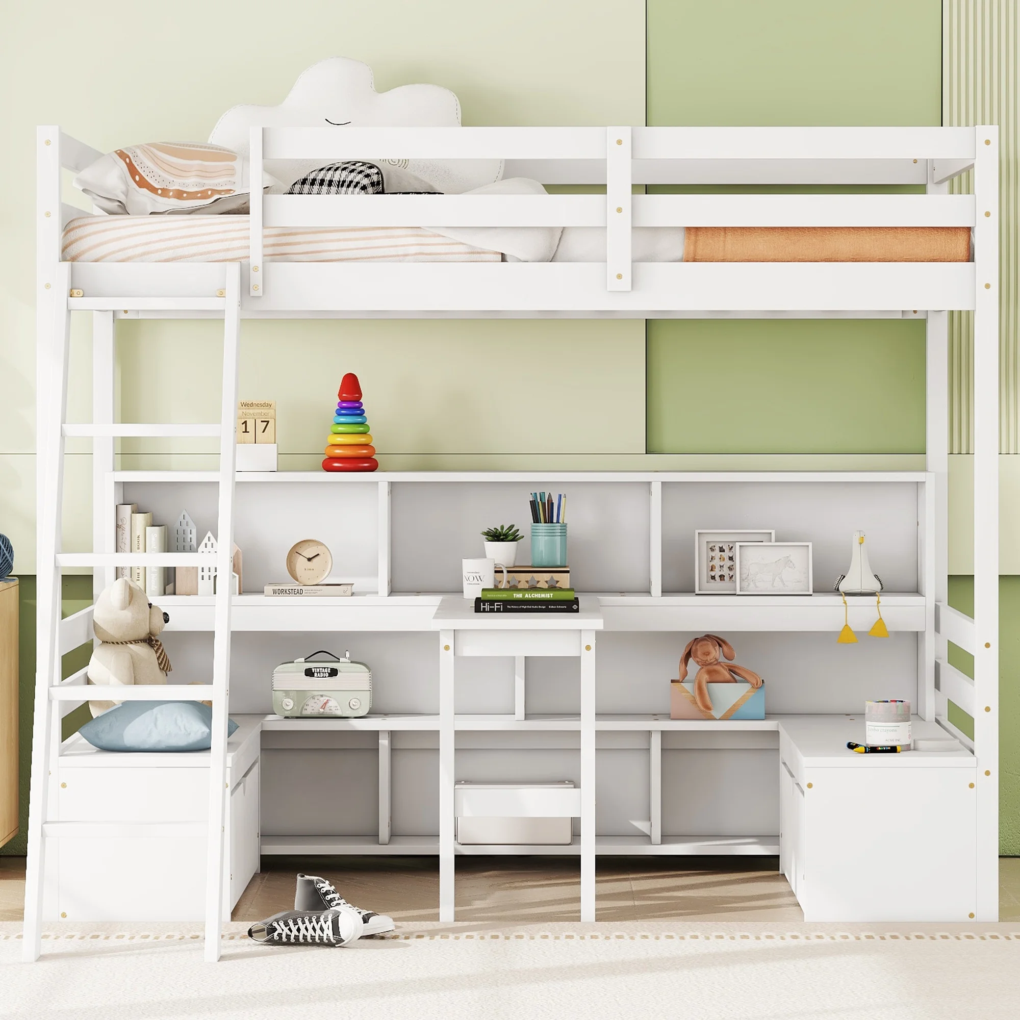 Euroco Modern Wood Twin Size Loft Bed with Desk and Drawers, Storage Shelf and Bench for Kids Teens, White - Image 2